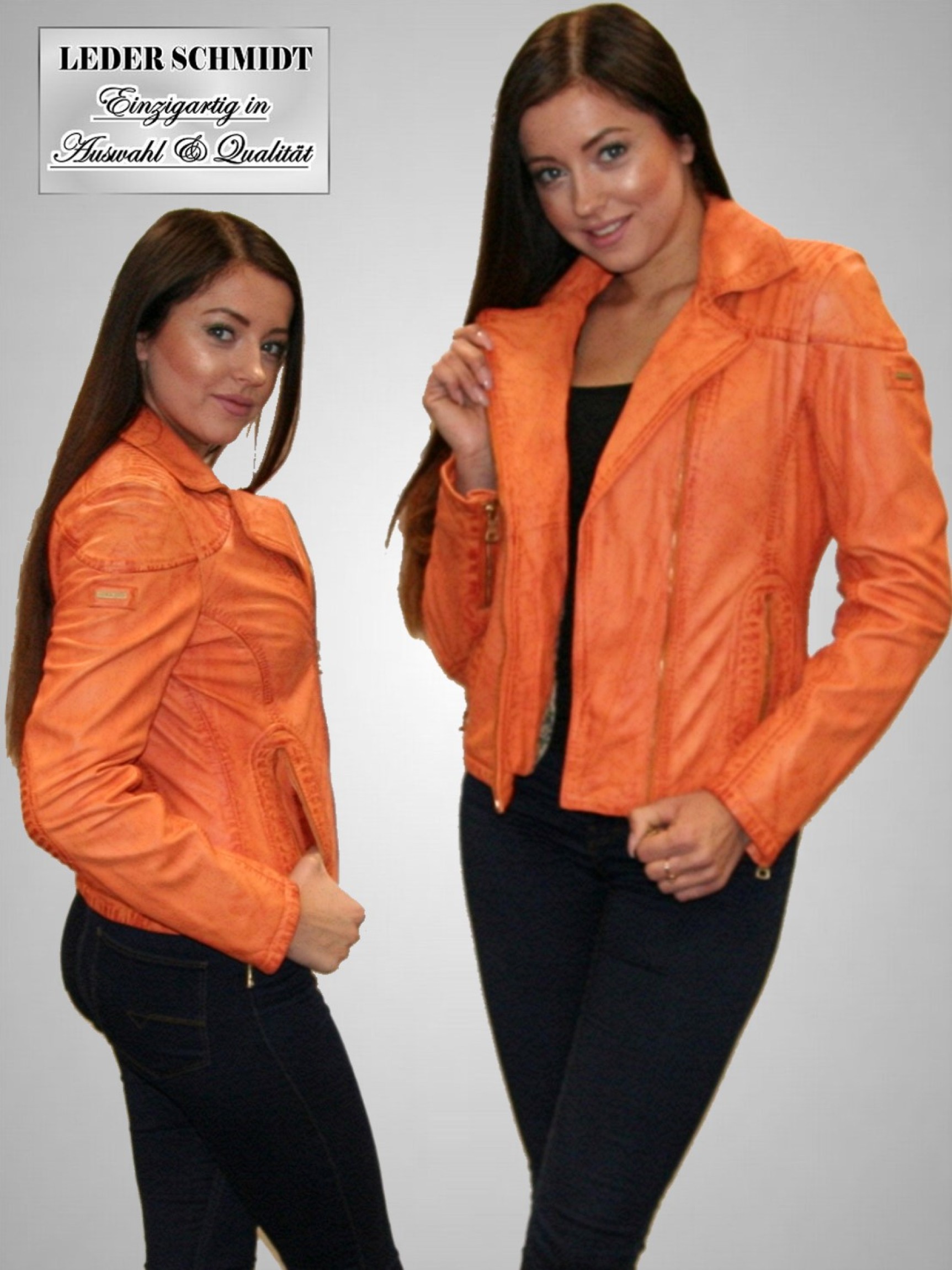 modische Damen-Biker-Lederjacke kurz orange Reißverschluss