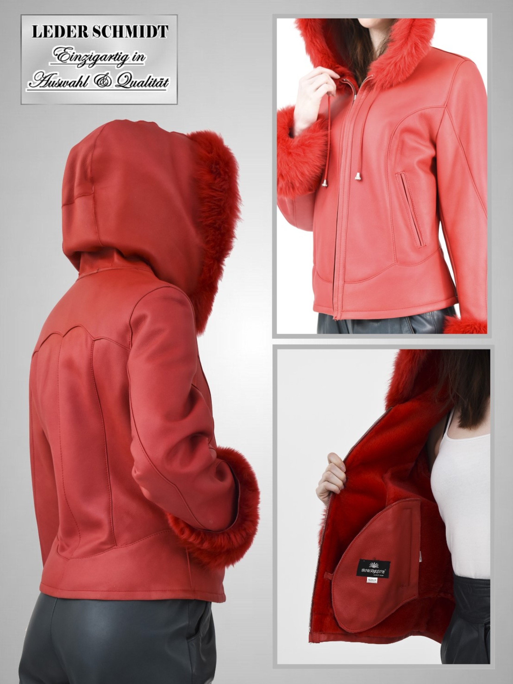 rote kurze echte Damen Lammfelljacke Kapuze Reißverschluss