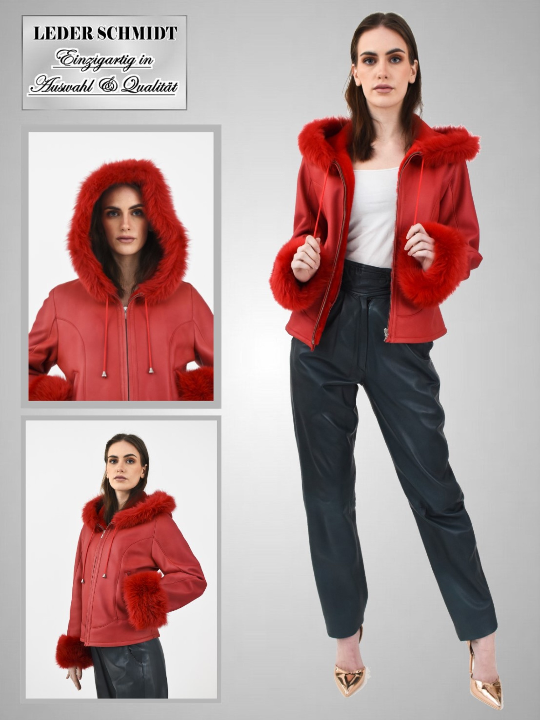 rote kurze Damen Lammfelljacke Kapuze Reißverschluss Schaffelljacke