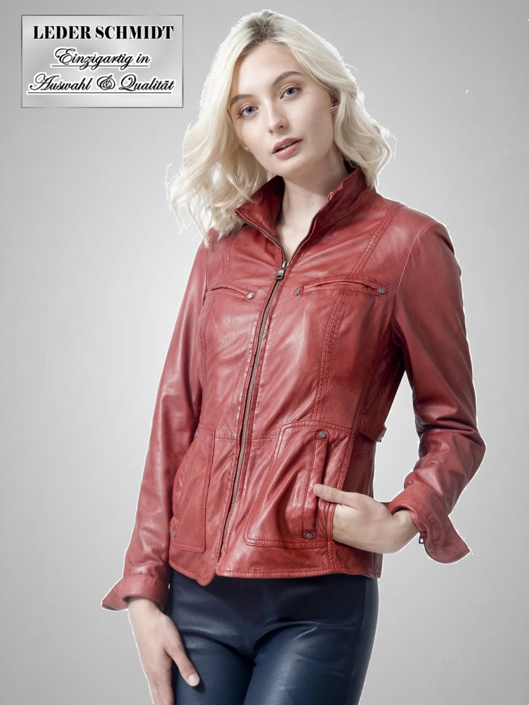 rote Lederjacke Stehkragen Dame