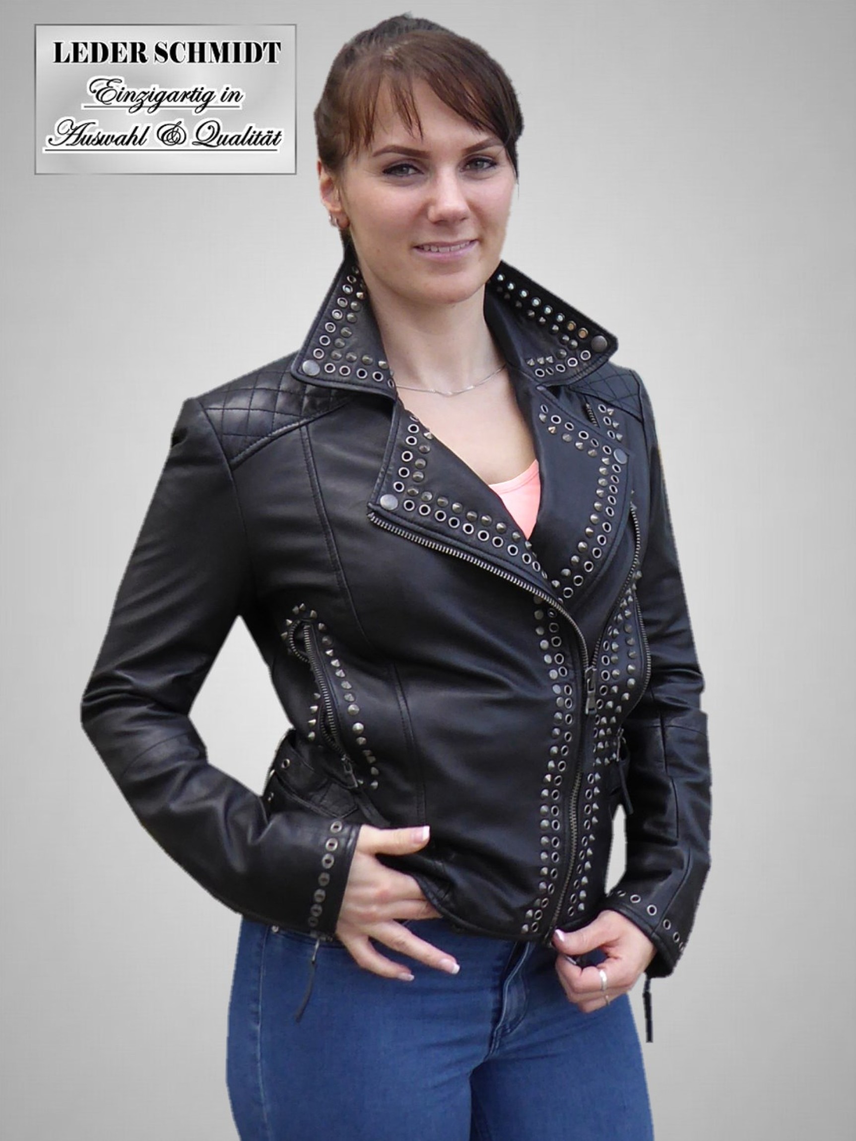Motorrad Damen Lederjacke Nieten schwarz