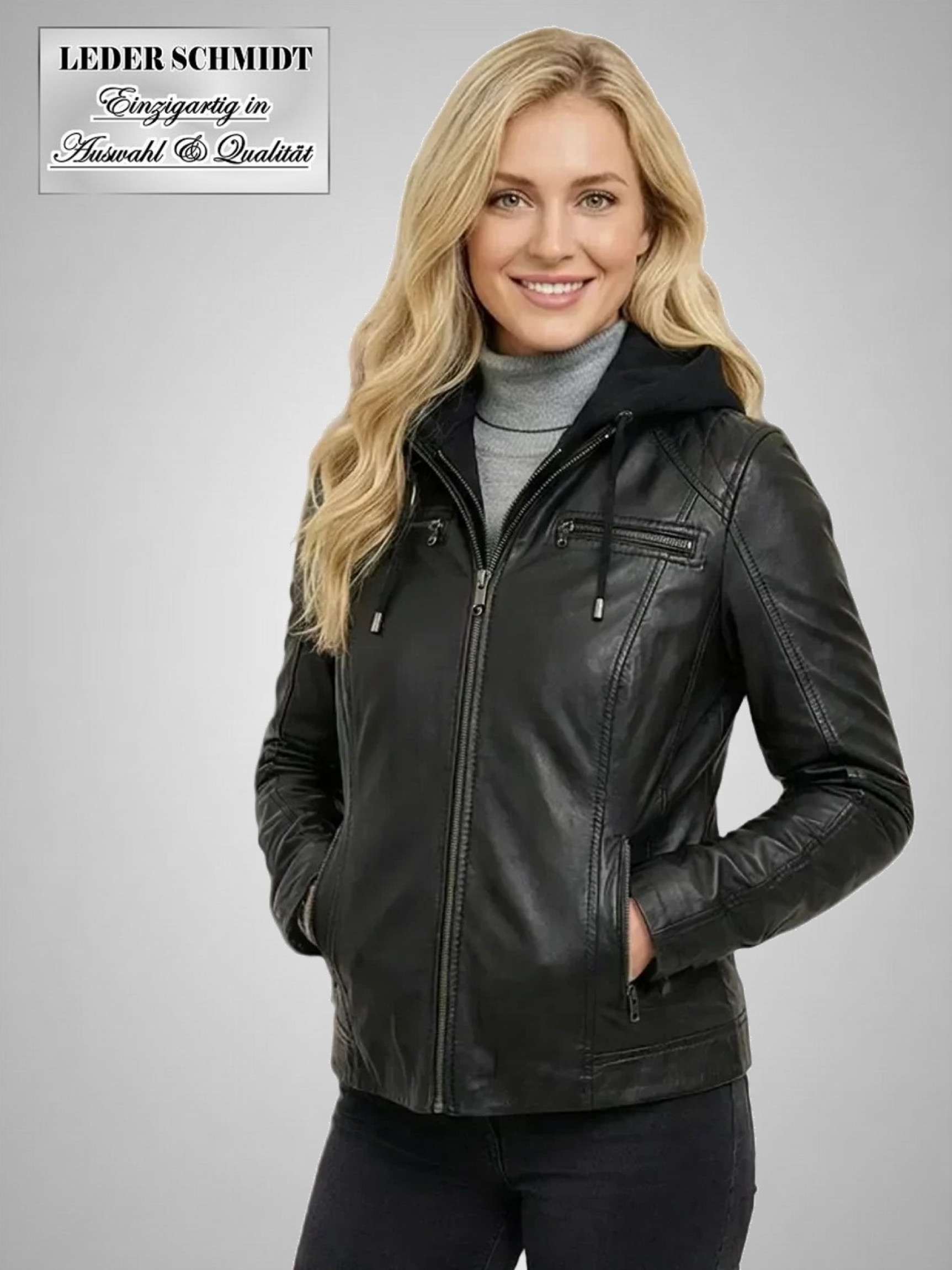 kurze Biker Damen Lederjacke Stoffkapuze schwarz Lammnappa, leicht