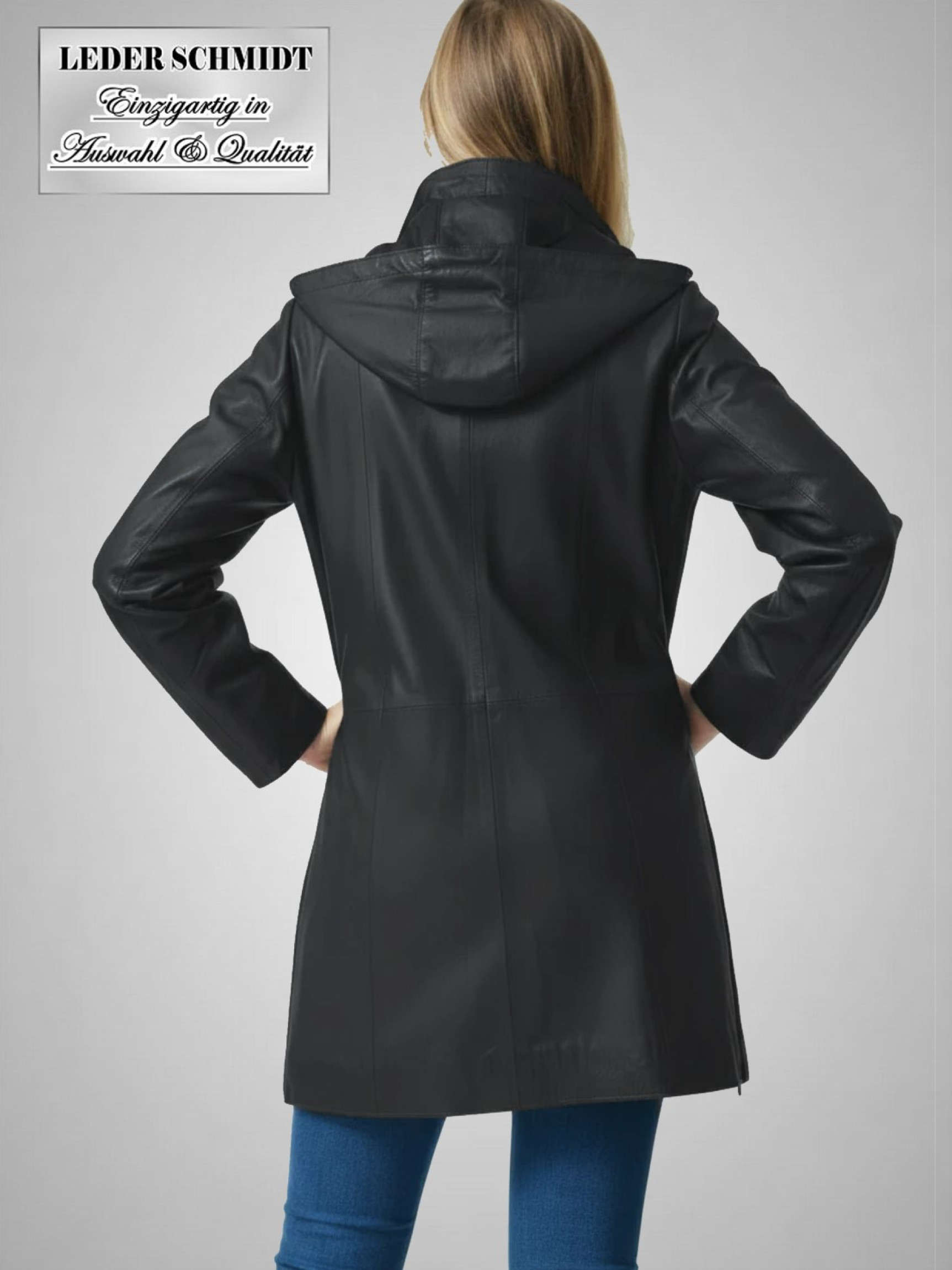 Damen Leder Kurzmantel mit Kapuze