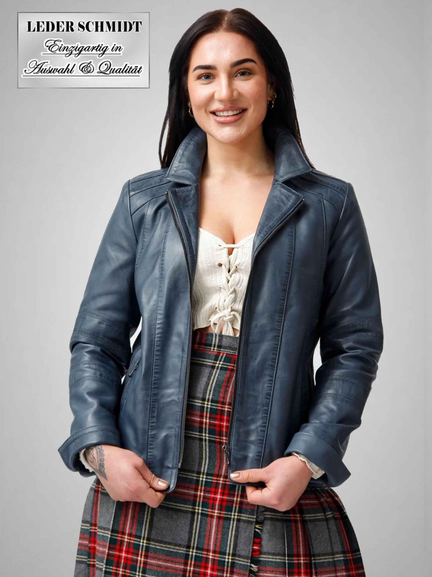 kurze blaue Damen Lederjacke Lammnappa