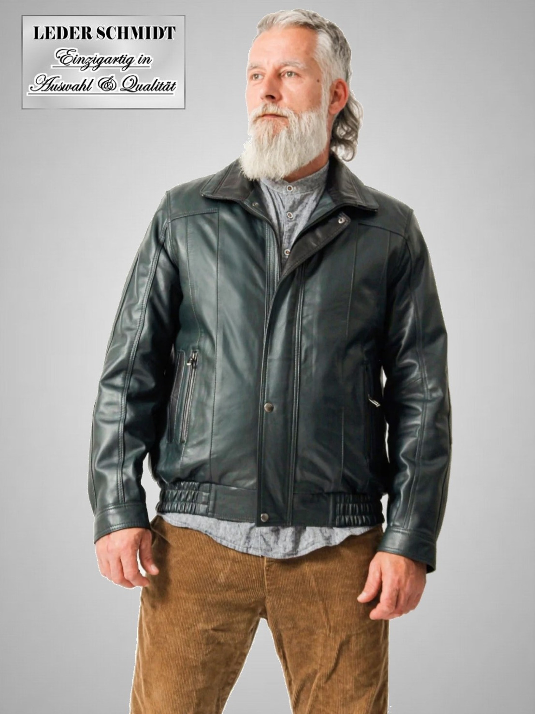 kurze Herren Lederjacke mit Lederbund Reißverschluss petrol schwarz