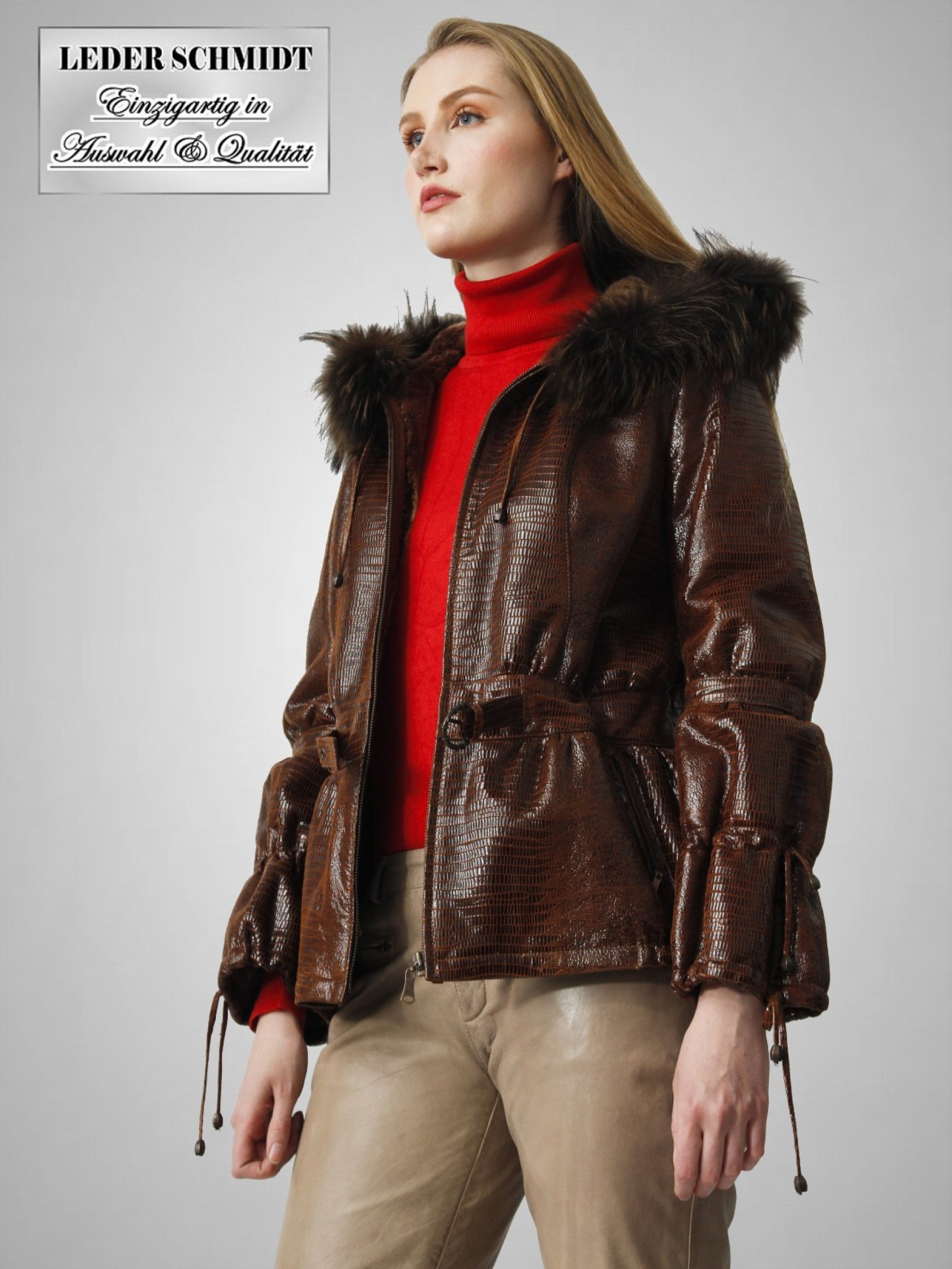 halblange braune Damen Lammfelljacke mit Kapuze