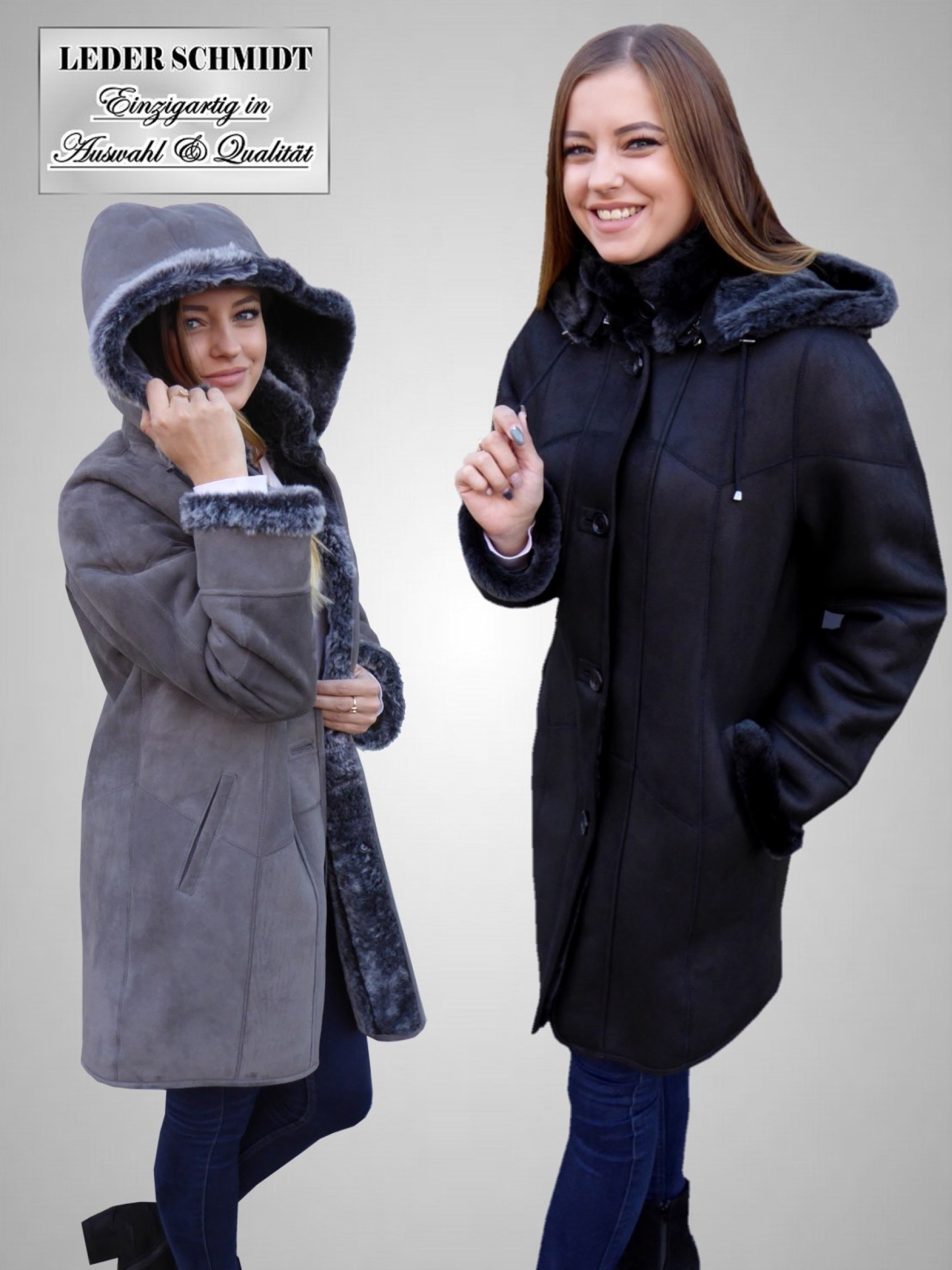 Lammfelljacke Dame schwarz Kapuze