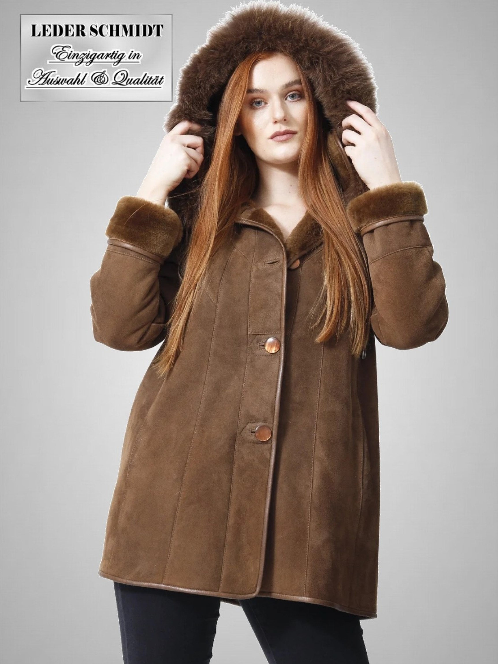 braune Damen Lammfelljacke Kapuze