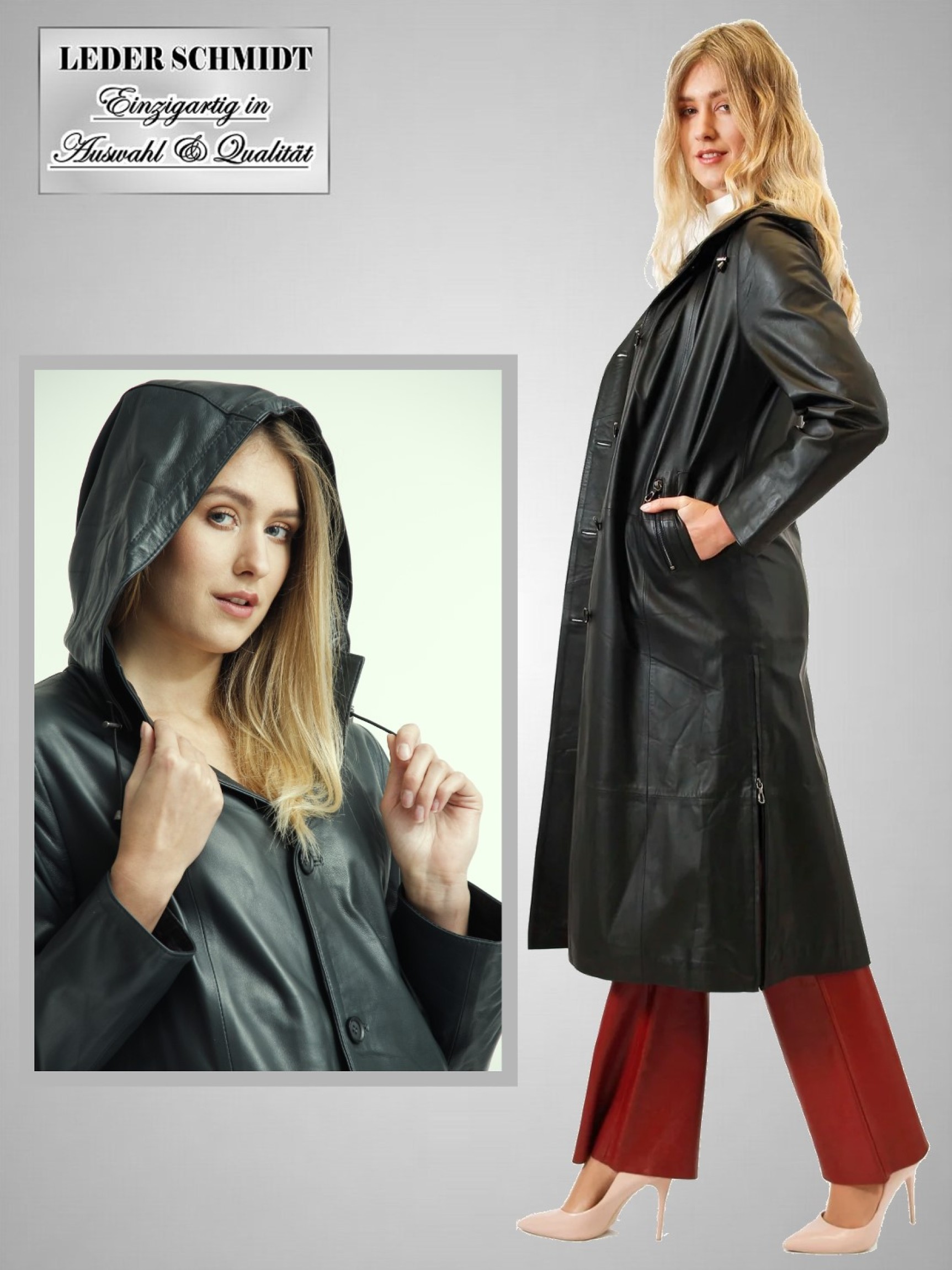 schwarzer Damen Ledermantel mit Kapuze 1A Lammnappa