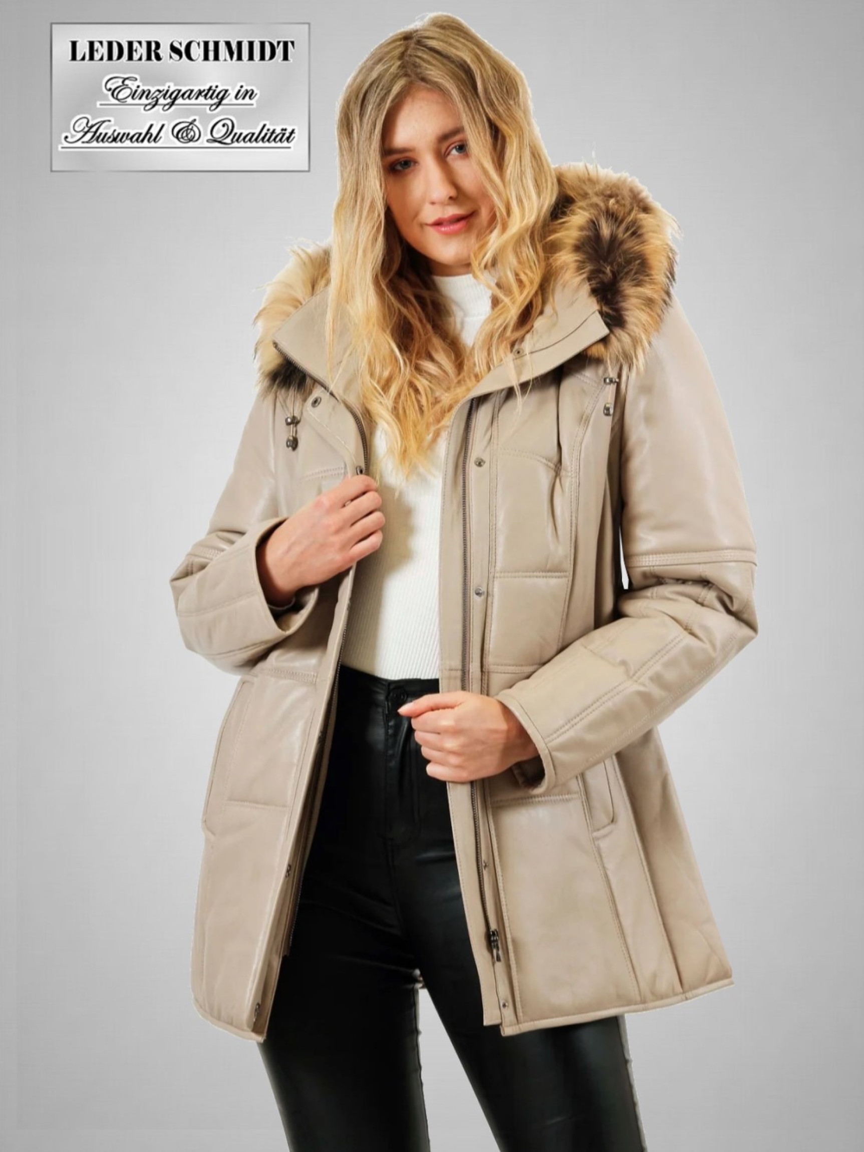 gesteppter Damen Lederparka mit abnehmbarer Kapuze