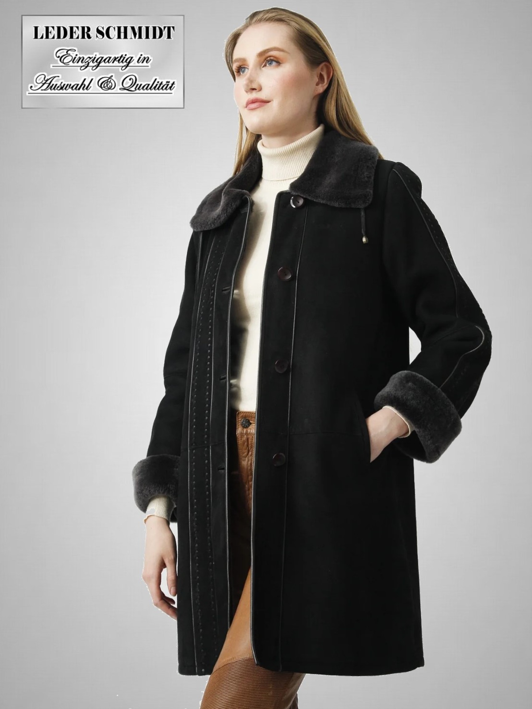 schwarze lange Damen Schaffelljacke