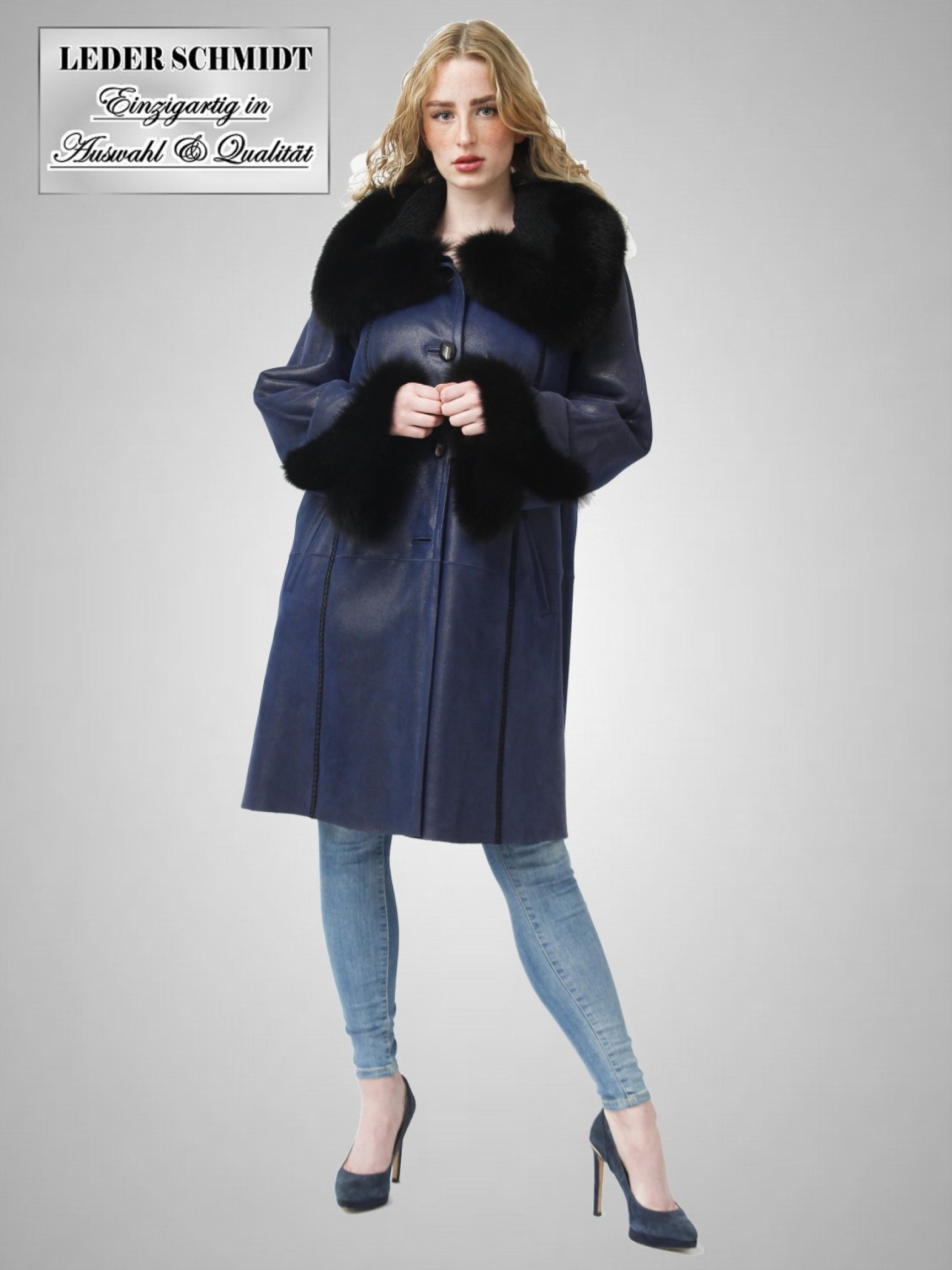 lange Damen Lammfelljacke blau