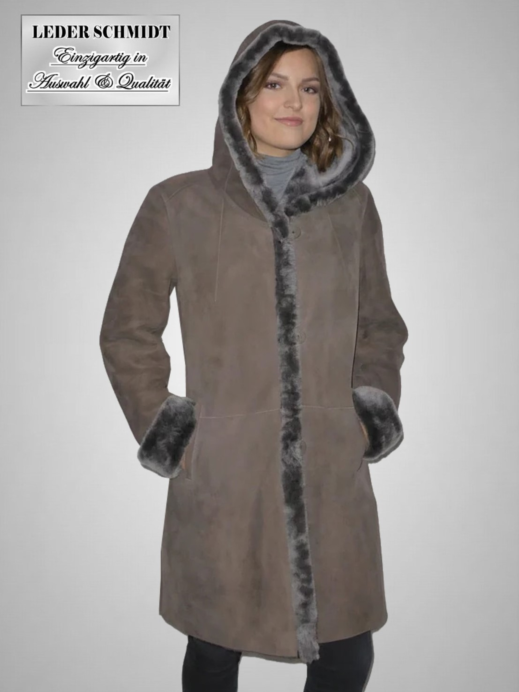 lange Damen Lammfelljacke mit Kapuze