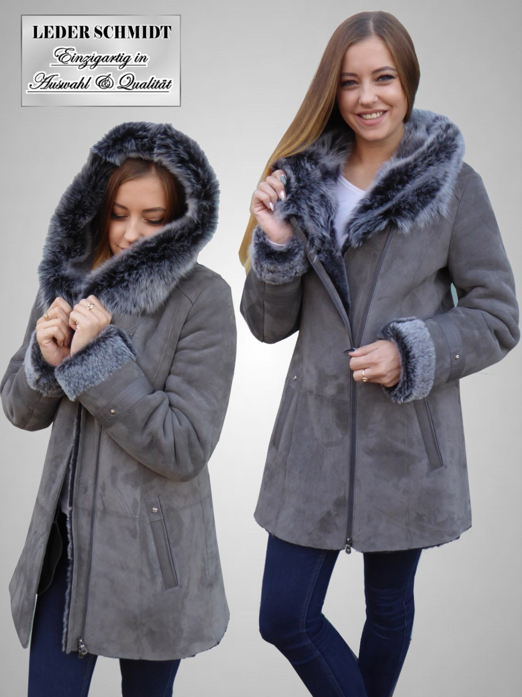 leichte Damen-Lammfelljacke mit Reißverschluss Kapuze echtes Merinolamm