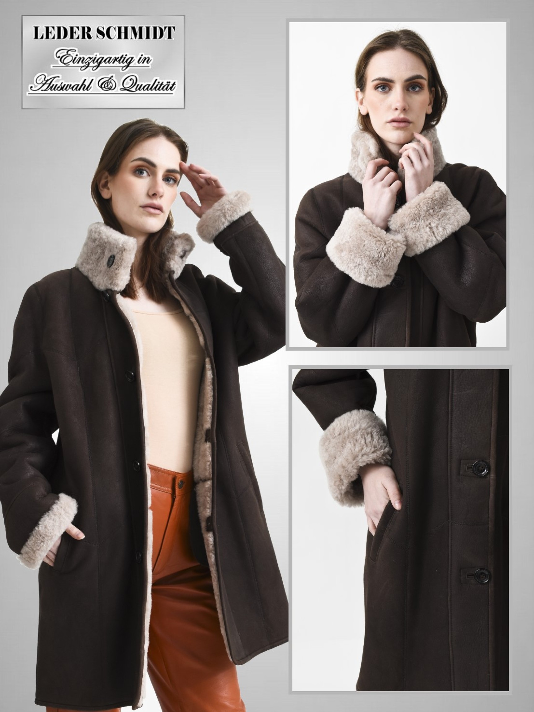 lange Damen Lammfelljacke braun helle Wolle Stehkragen