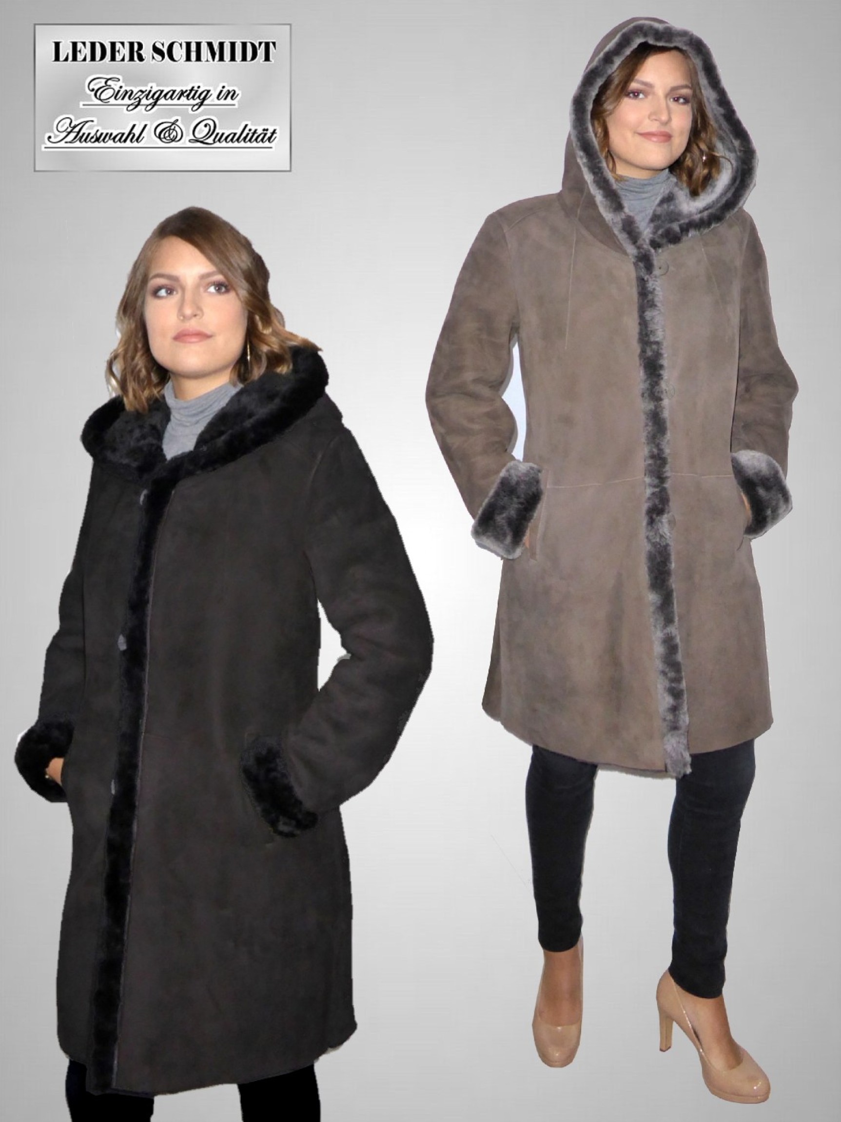 figurbetonte Damenlammfelljacke lang Kapuze Knöpfe braun taupe