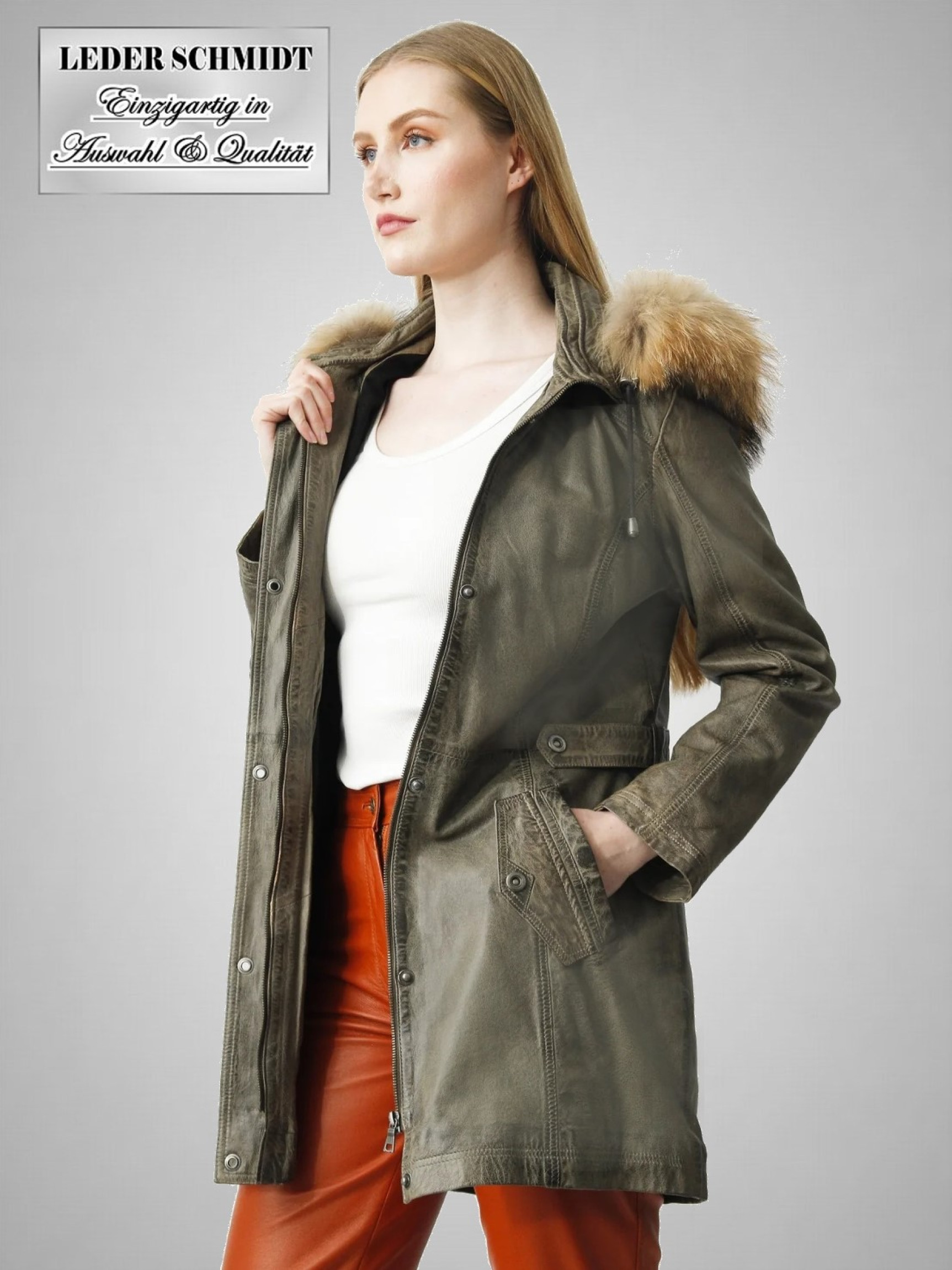 Damen Lederparka mit abnehmbarer Kapuze