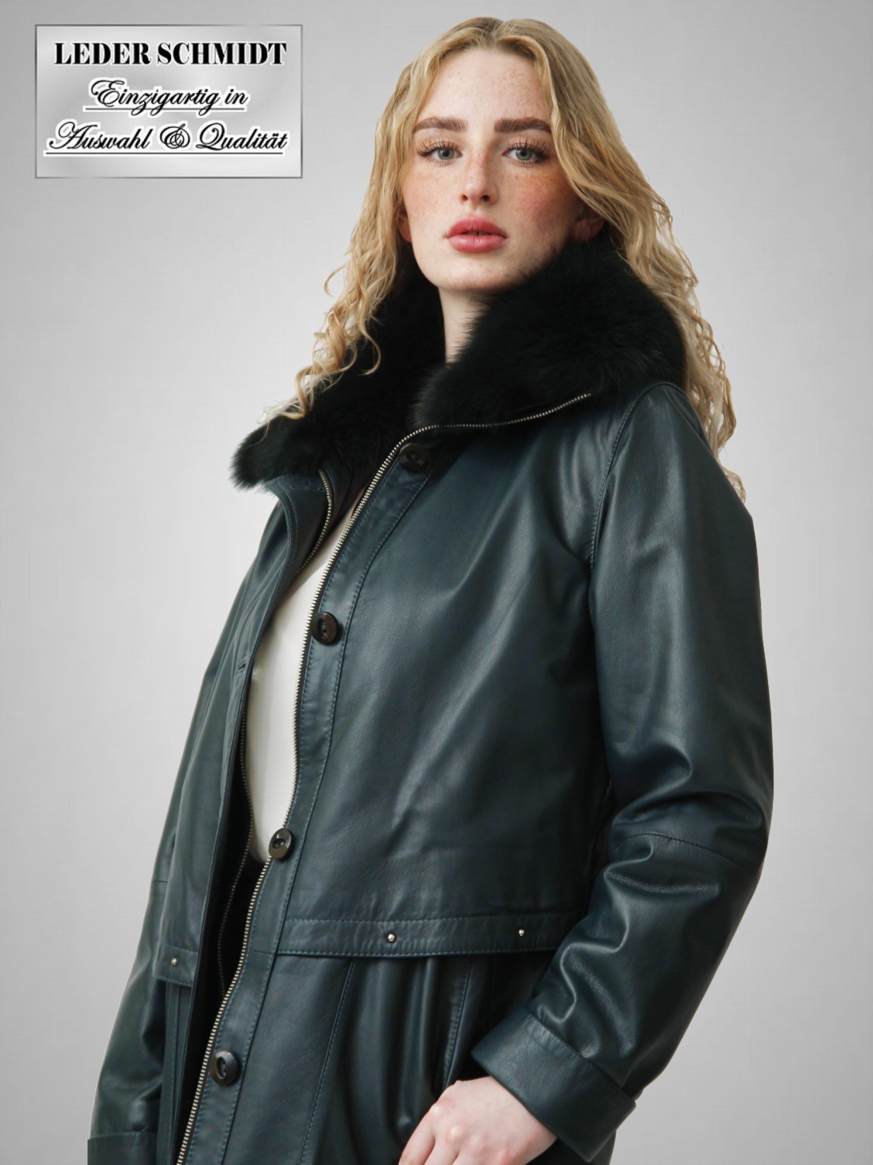 lange echte Damen Lederjacke mit abnehmbarem Pelzkragen