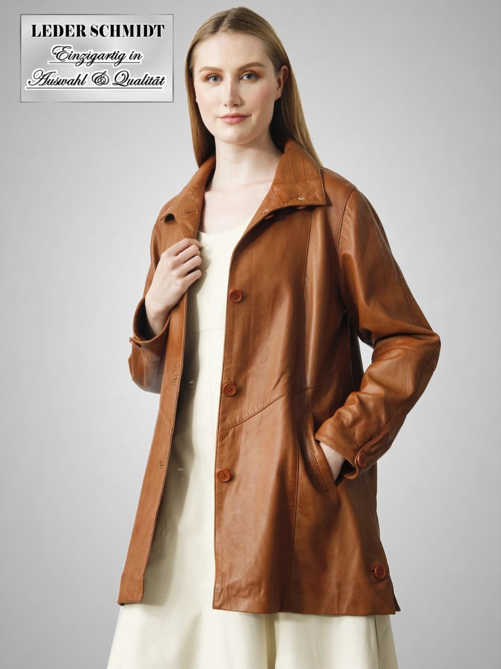 Damen Ledermantel weit cognac Lammnappa
