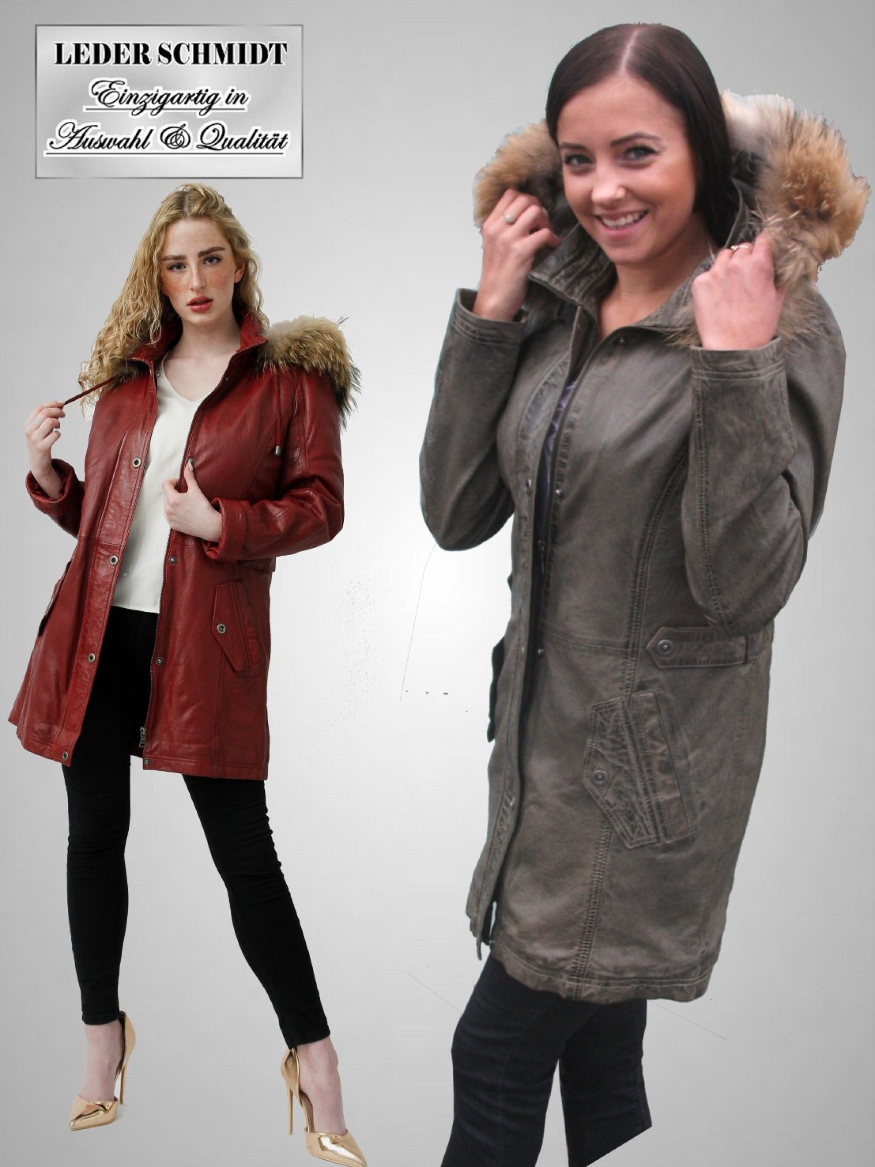 echter Damen Lederparka Lederjacke  mit abnehmbarer Kapuze Reißverschluss