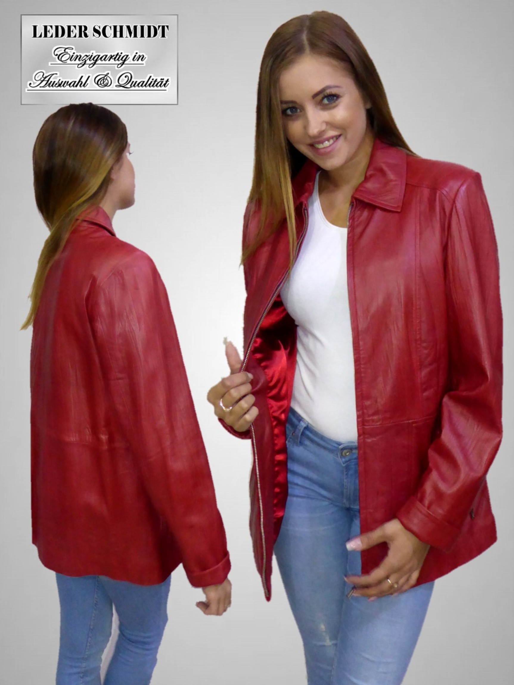 längere Damen Lederjacke in 1A Lammnappa mit Reißverschluss und rot