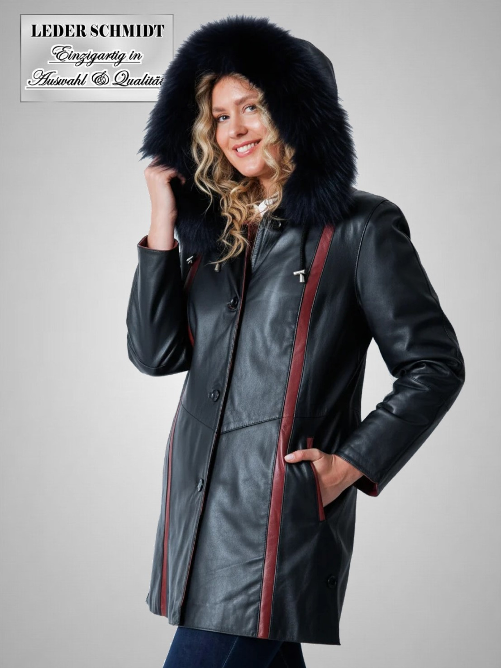 Damen Leder Kurzmantel mit Kapuze