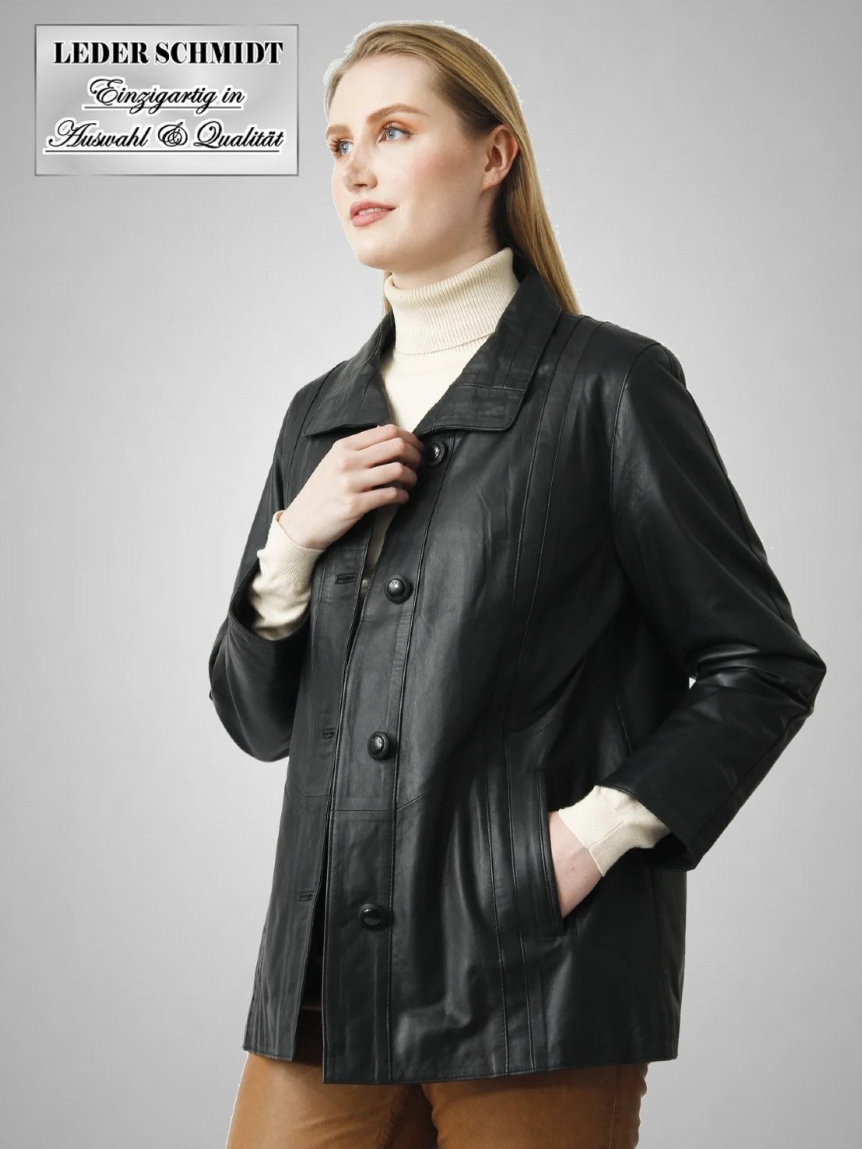 leichte lange Damen Lederjacke schwarz mit Stehkragen