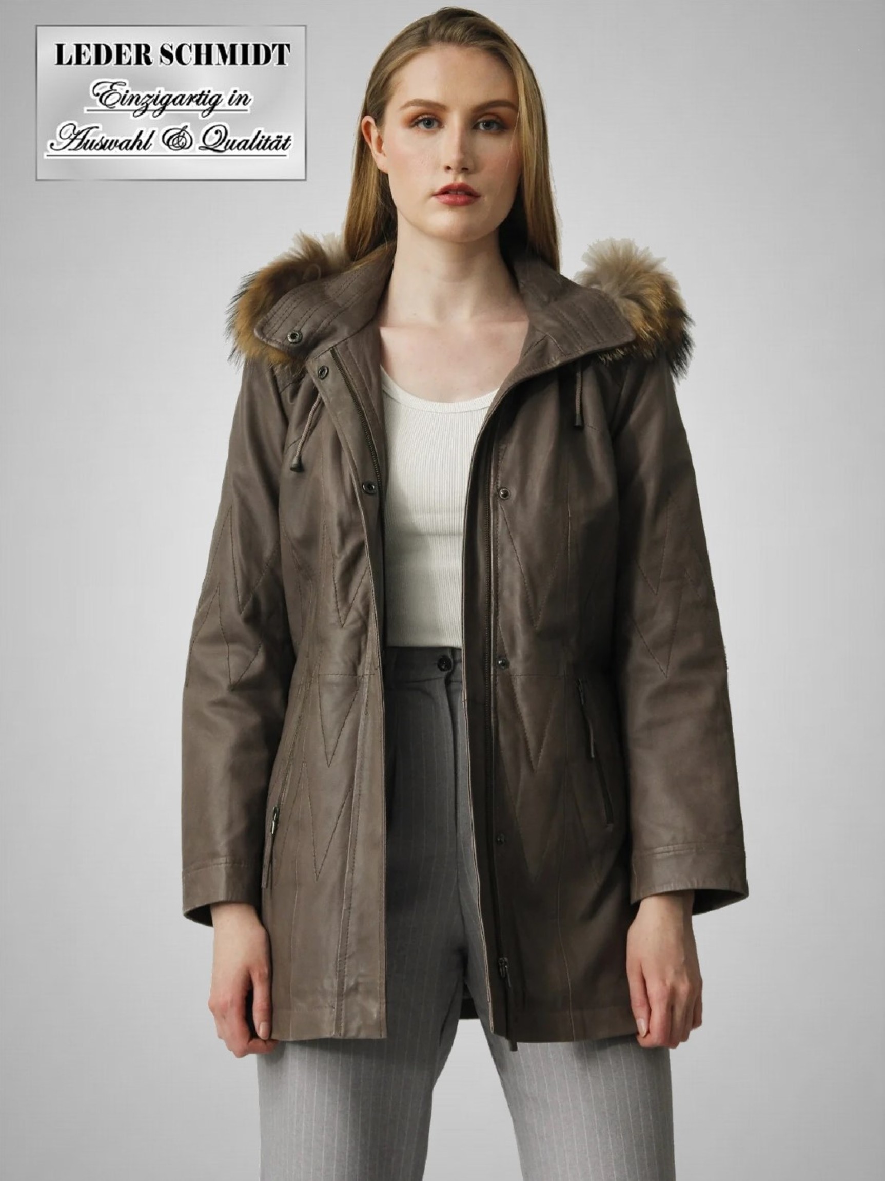 Lammnappa Damen Lederparka Lederjacke beige mit abnehmbarer Kapuze