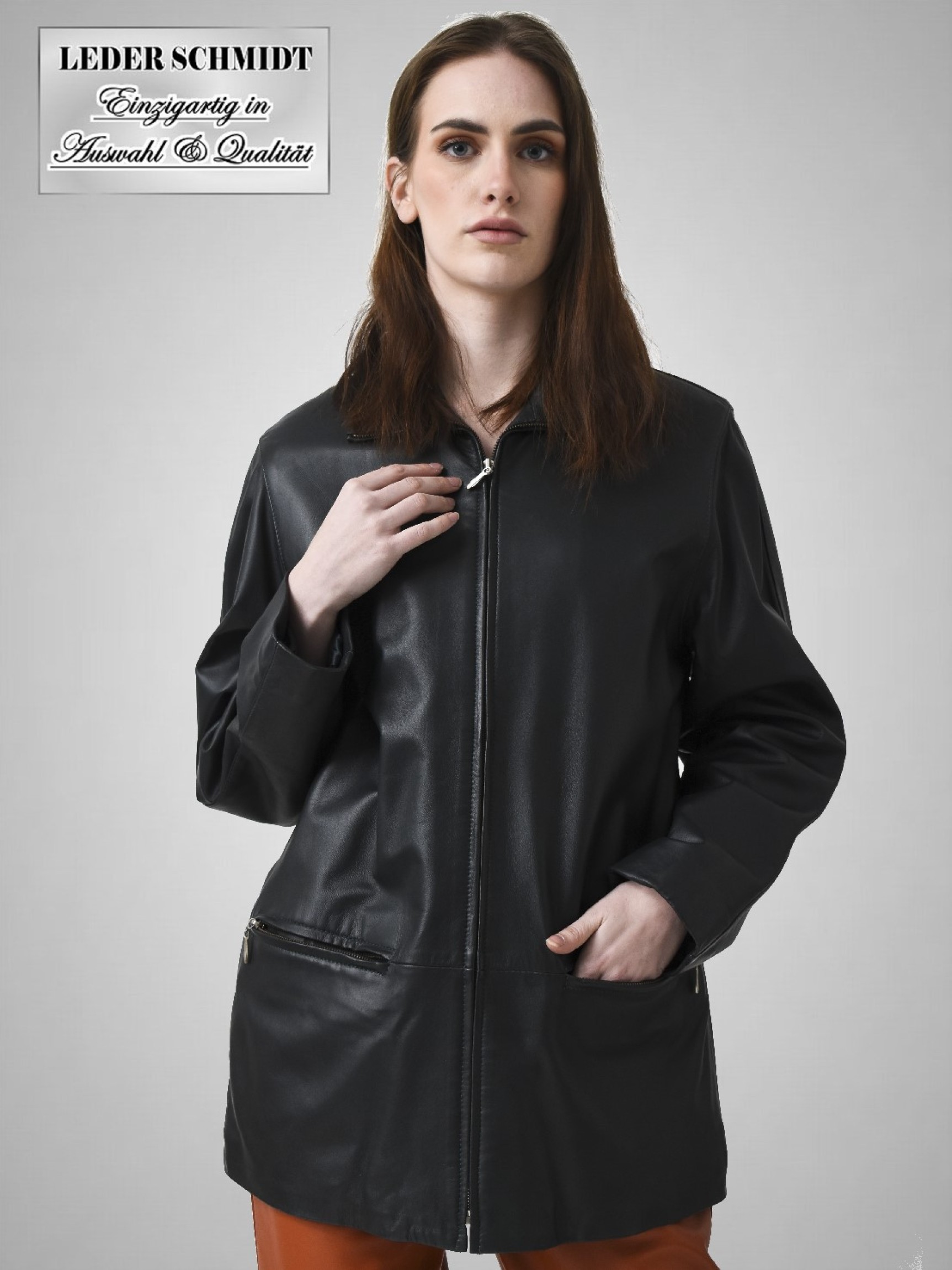 Leder Schmidt Schwarze Lange Lederjacke Lederjacke Mit