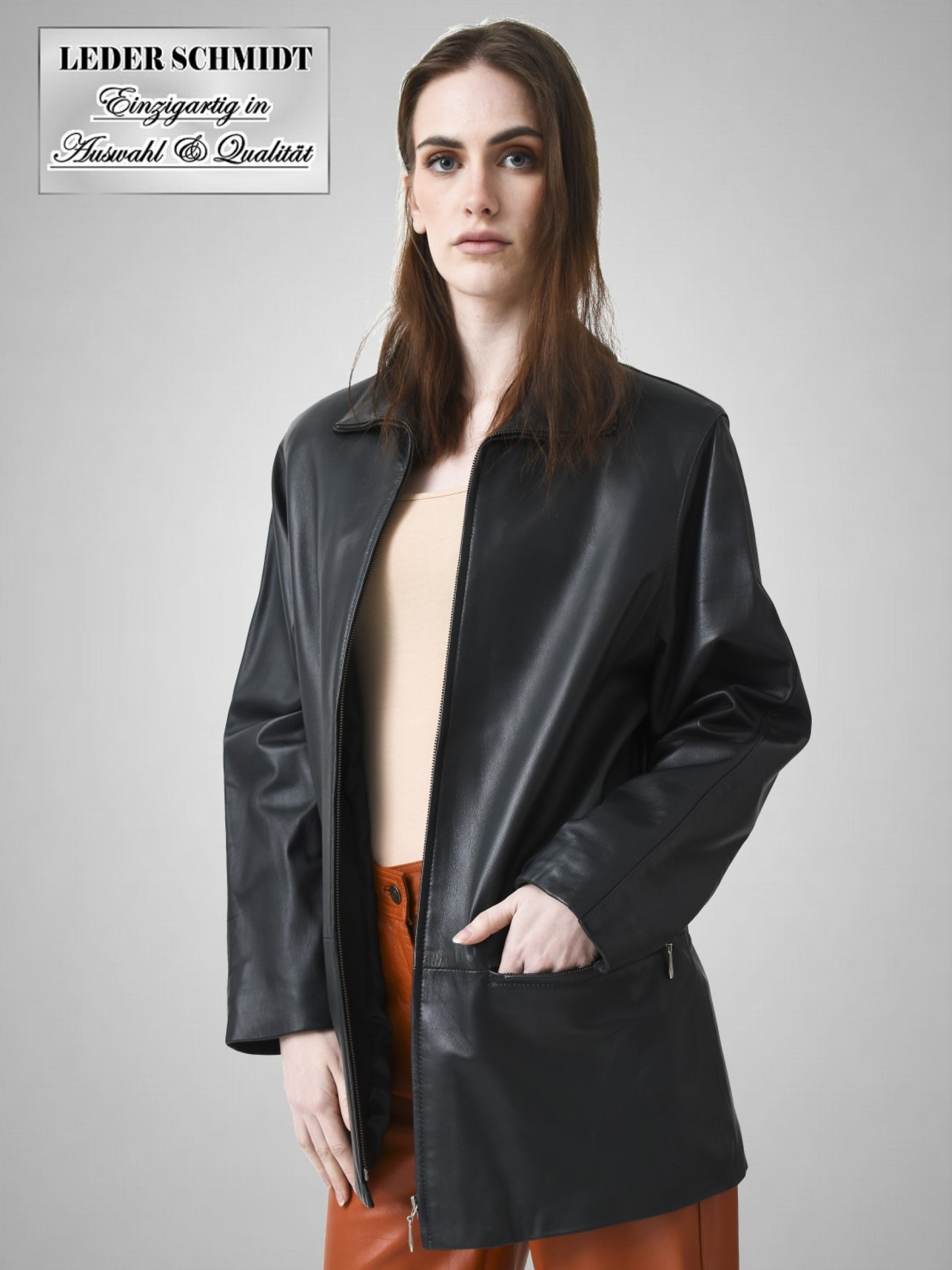 leichte lange schwarze Damen Lederjacke mit Reißverschluss