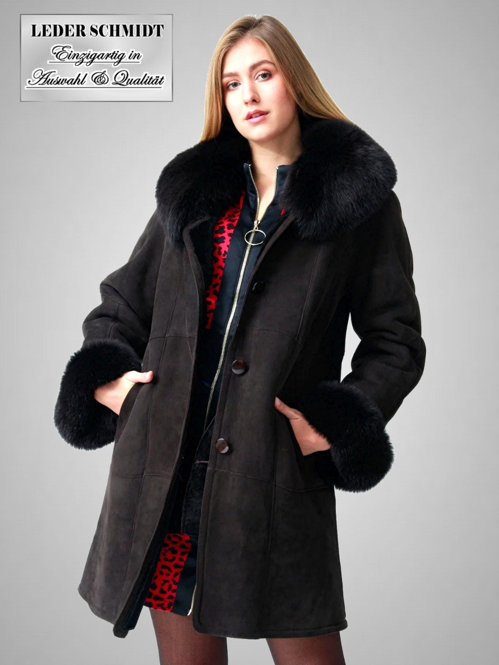 lange Damen Lammfellmantel dunkel braun
