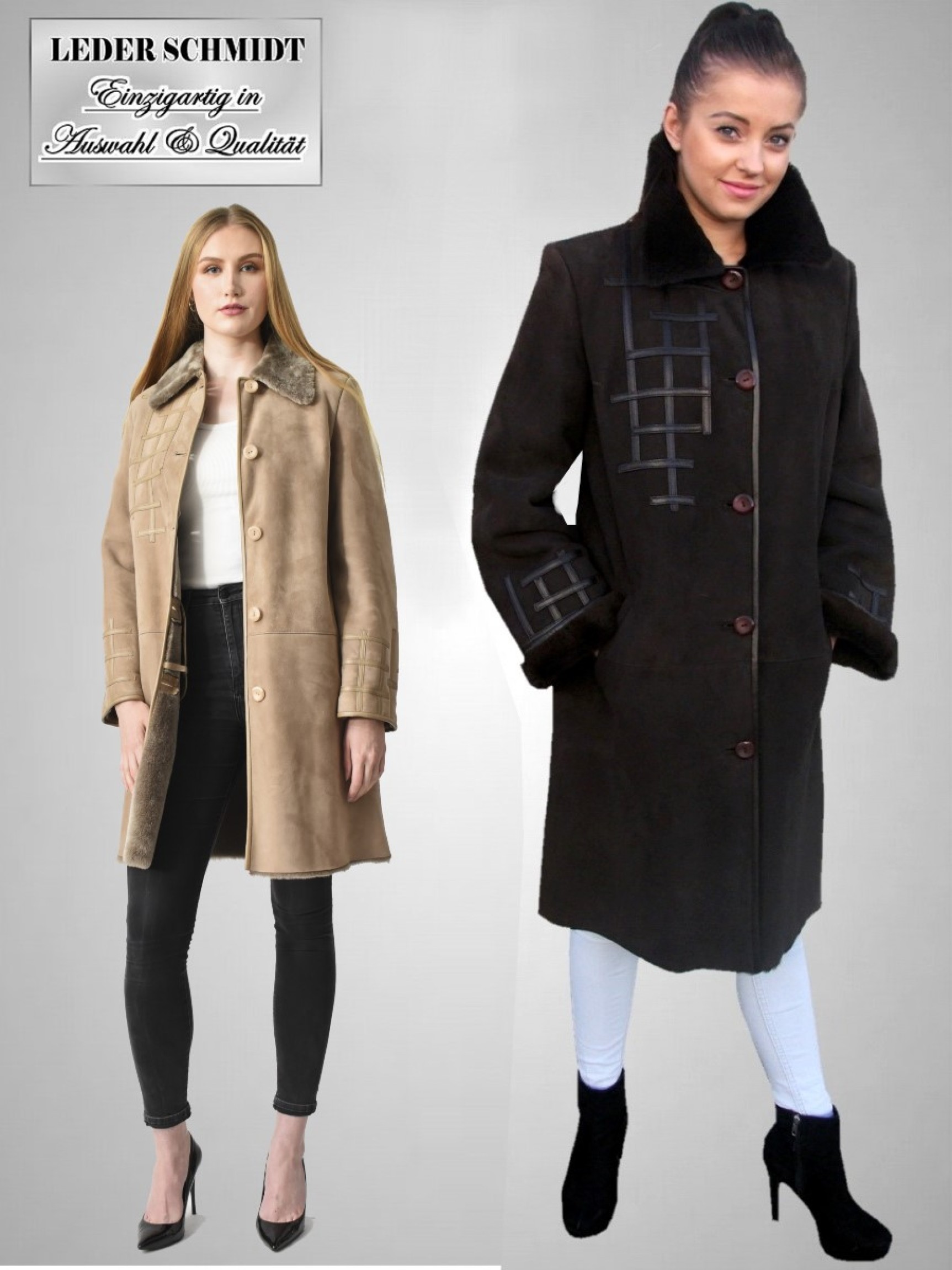 leichter langer Damen Lammfellmantel aus Merino-Lammfell braun taupe