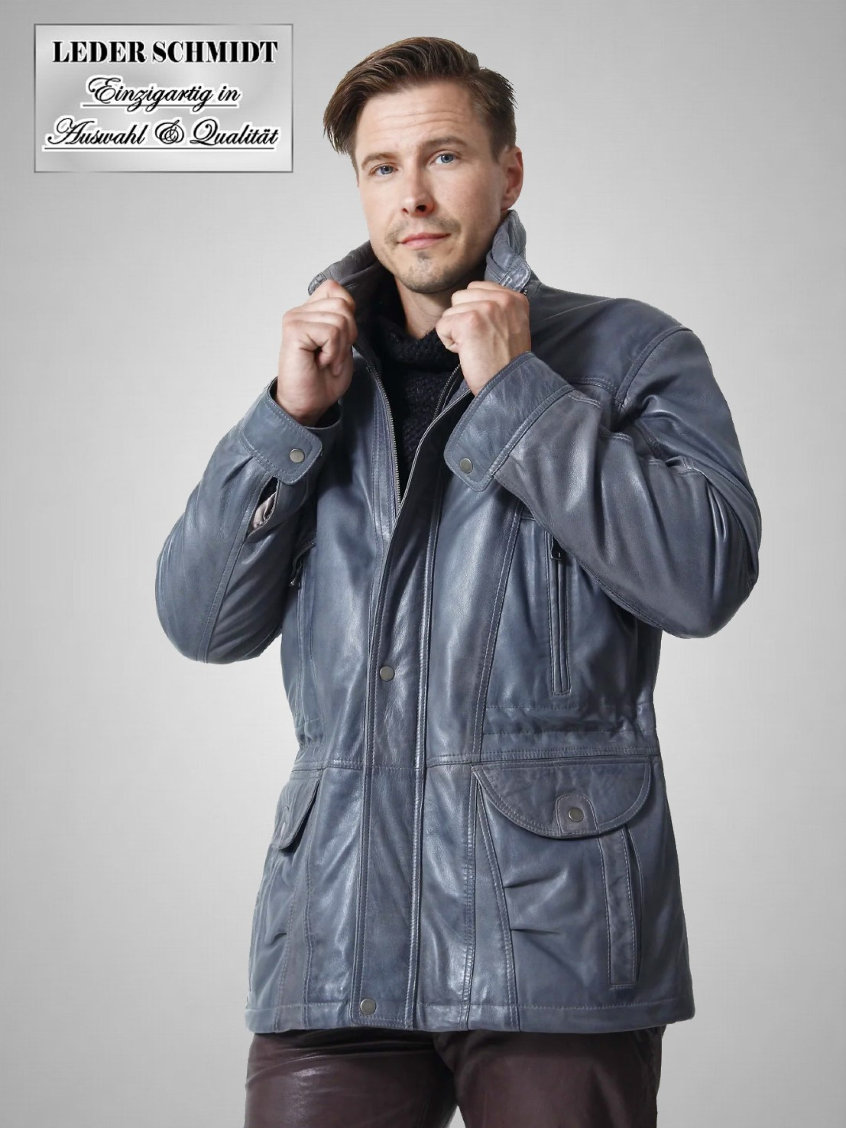 lange Herren Lederjacke blau grau lammnappa sportlich Lederparka