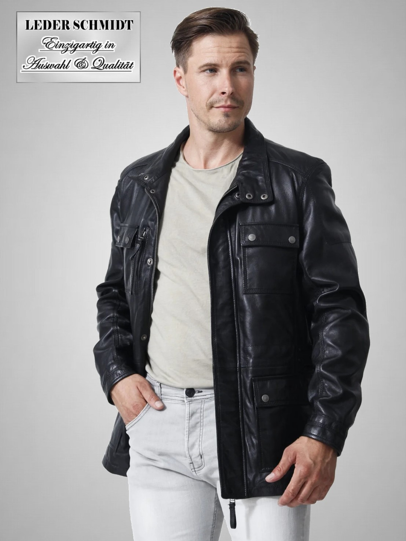 echte lange Herren Lederjacke  schwarz, sportliches Modell, Lammnappa schwarz