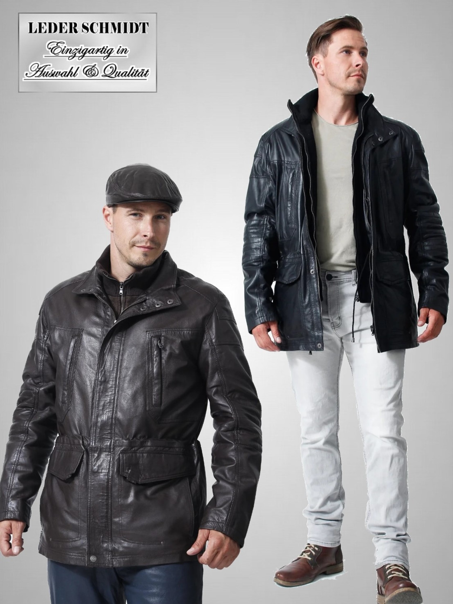 sportliche schwarze Herren-Lederjacke-Lederparka dünn und leicht