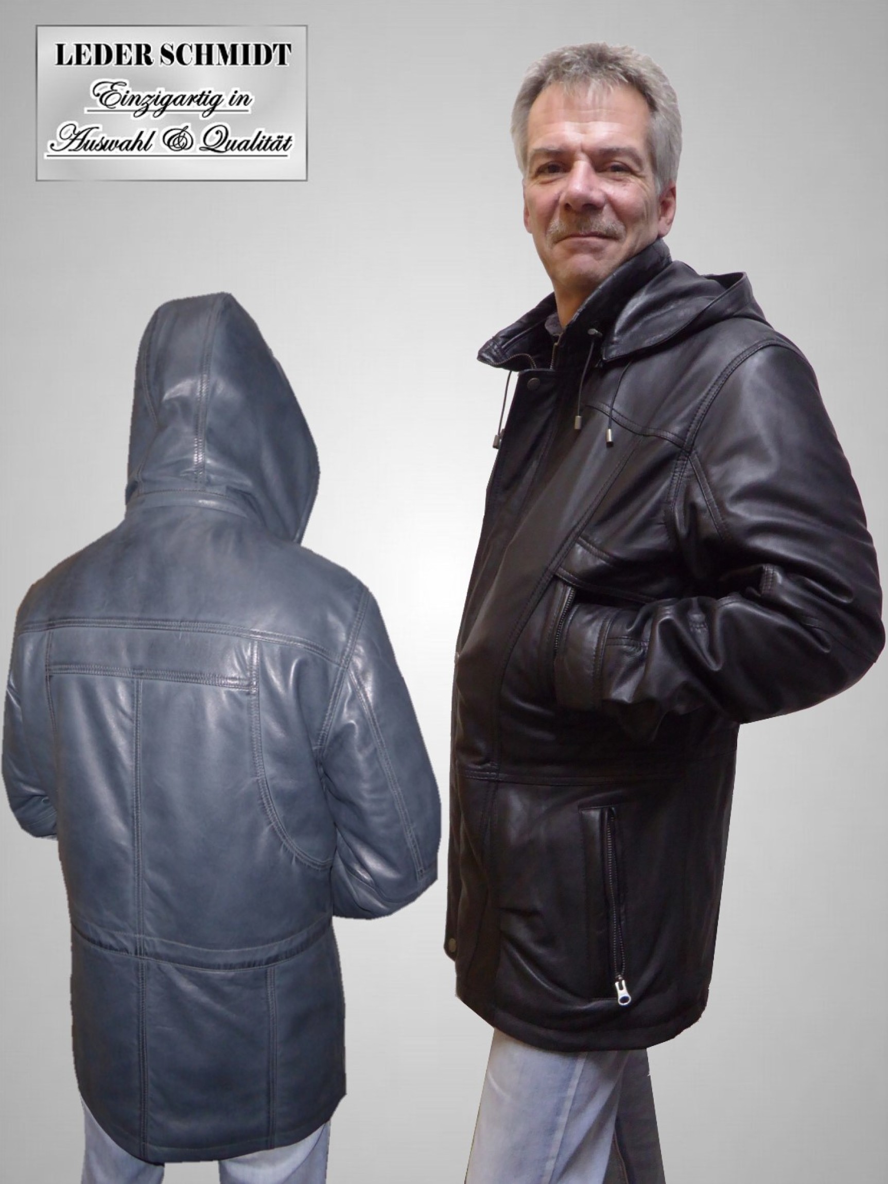 Herren Lederparka mit Kapuze schwarz echtes Lammnappa viele Taschen