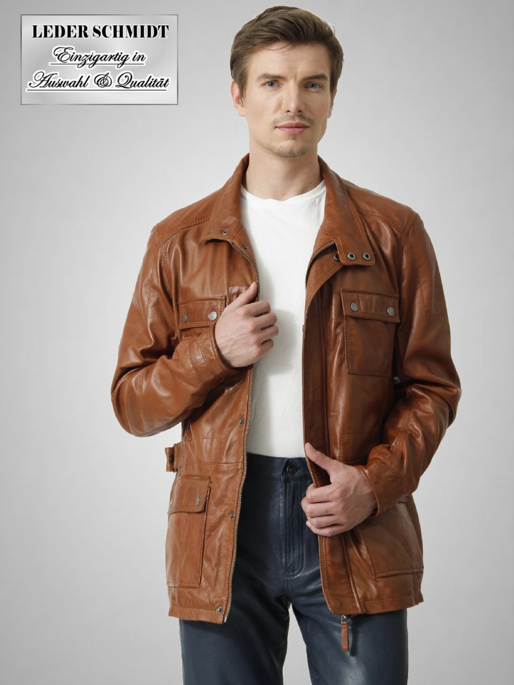 Herren Lederjacke lang sportlich dünn cognac