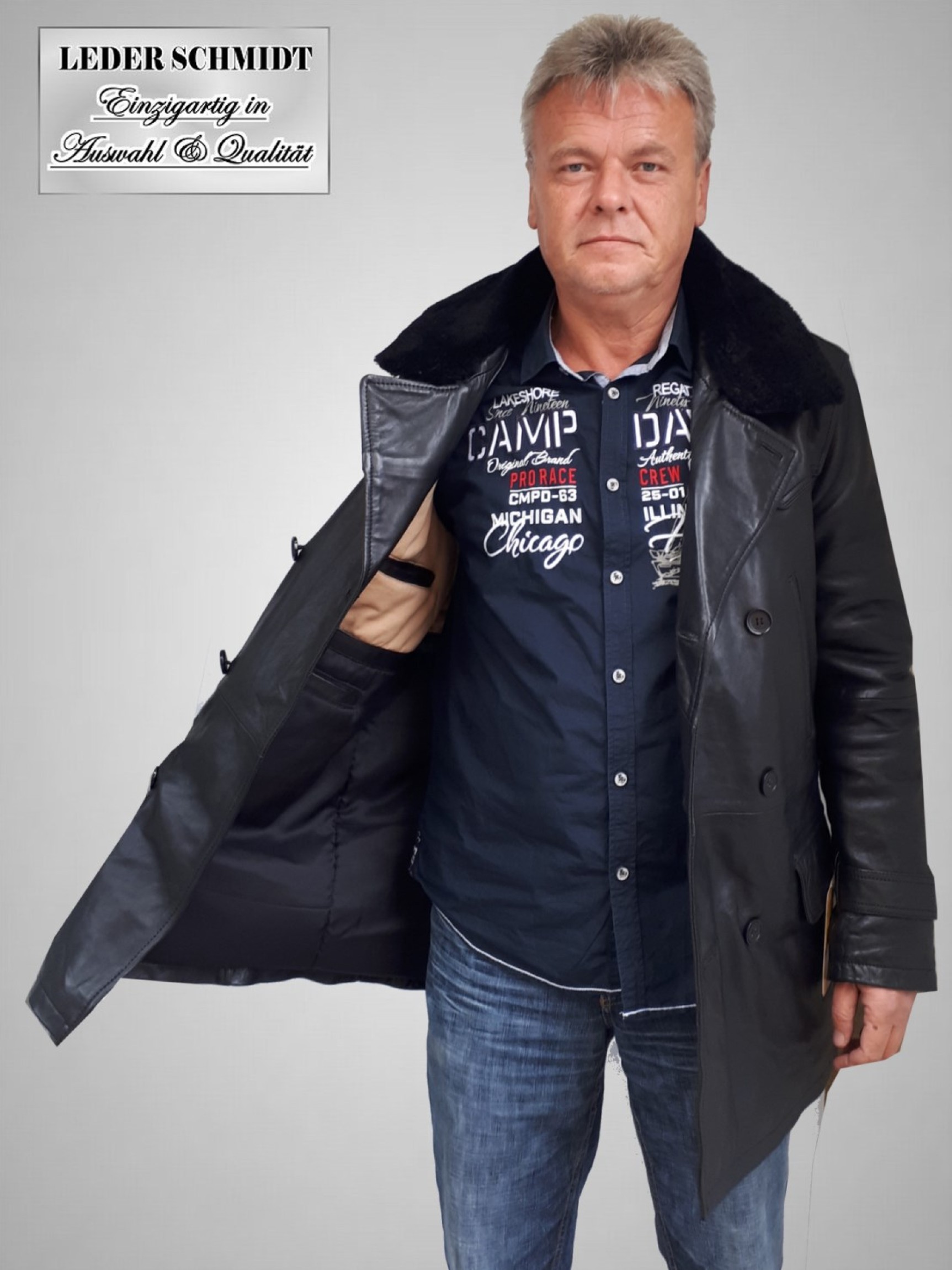 unwattierte lange Herren Lederjacke mit Lammfellkragen
