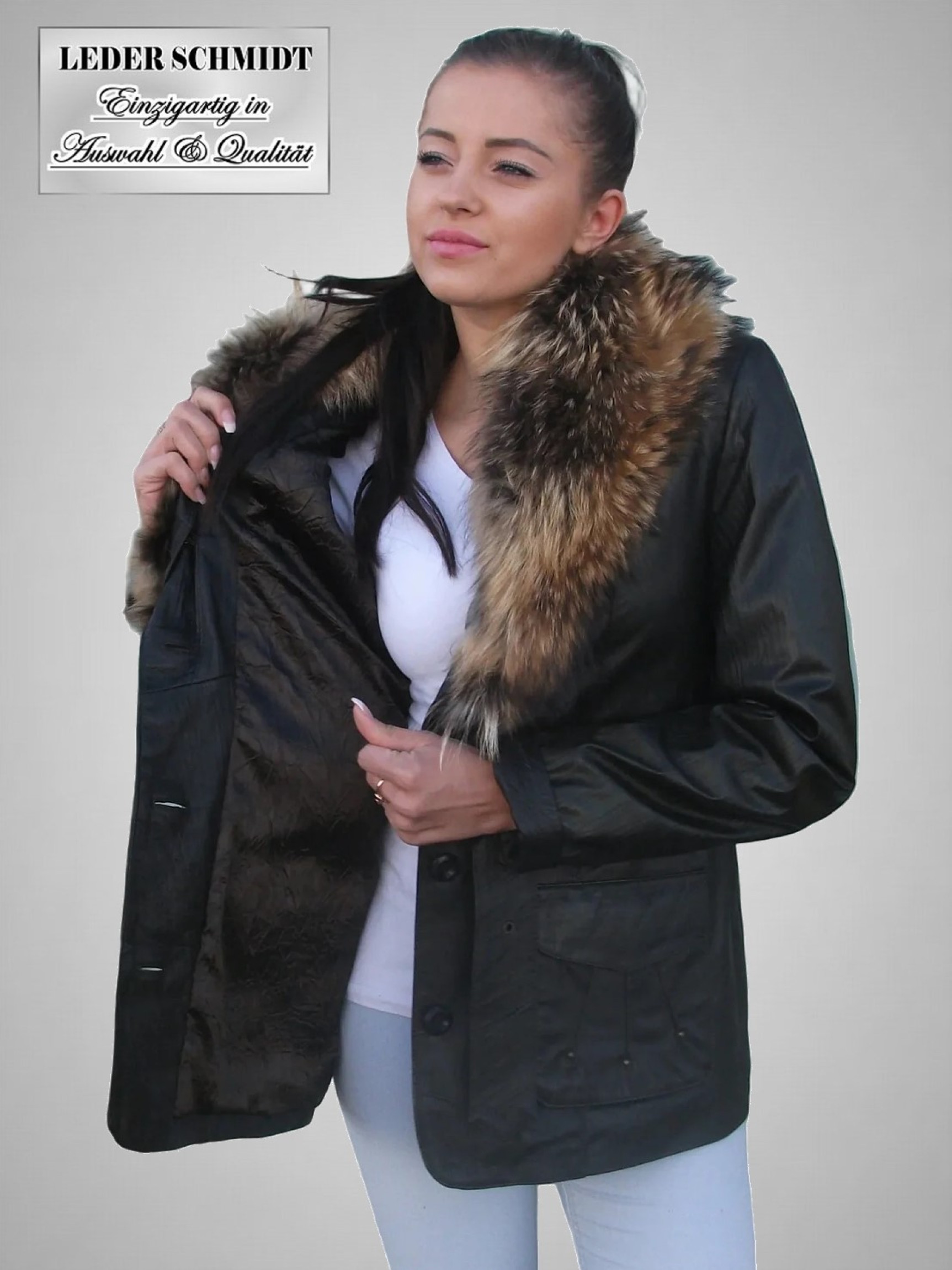Damen Lederjacke mit Pelzkragen und Gürtel