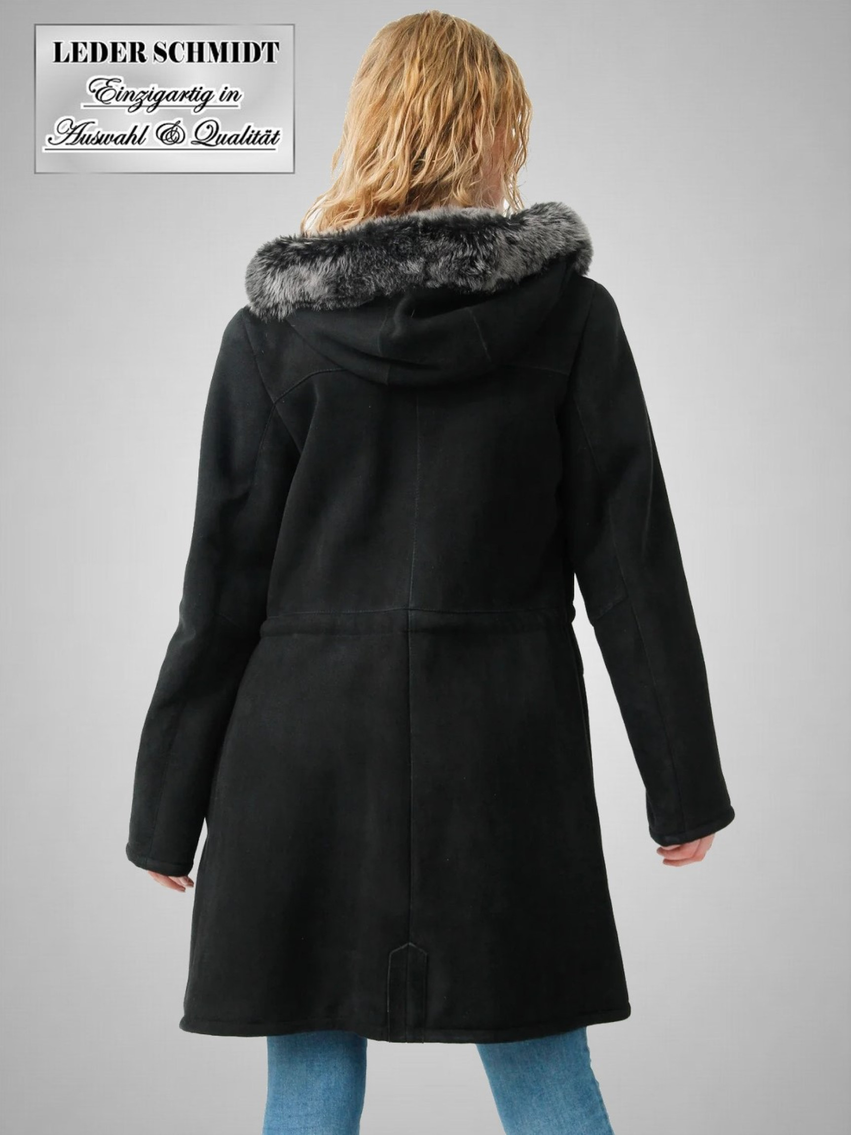 Lange Damen Lammfell-Parka in schwarz mit Kapuze