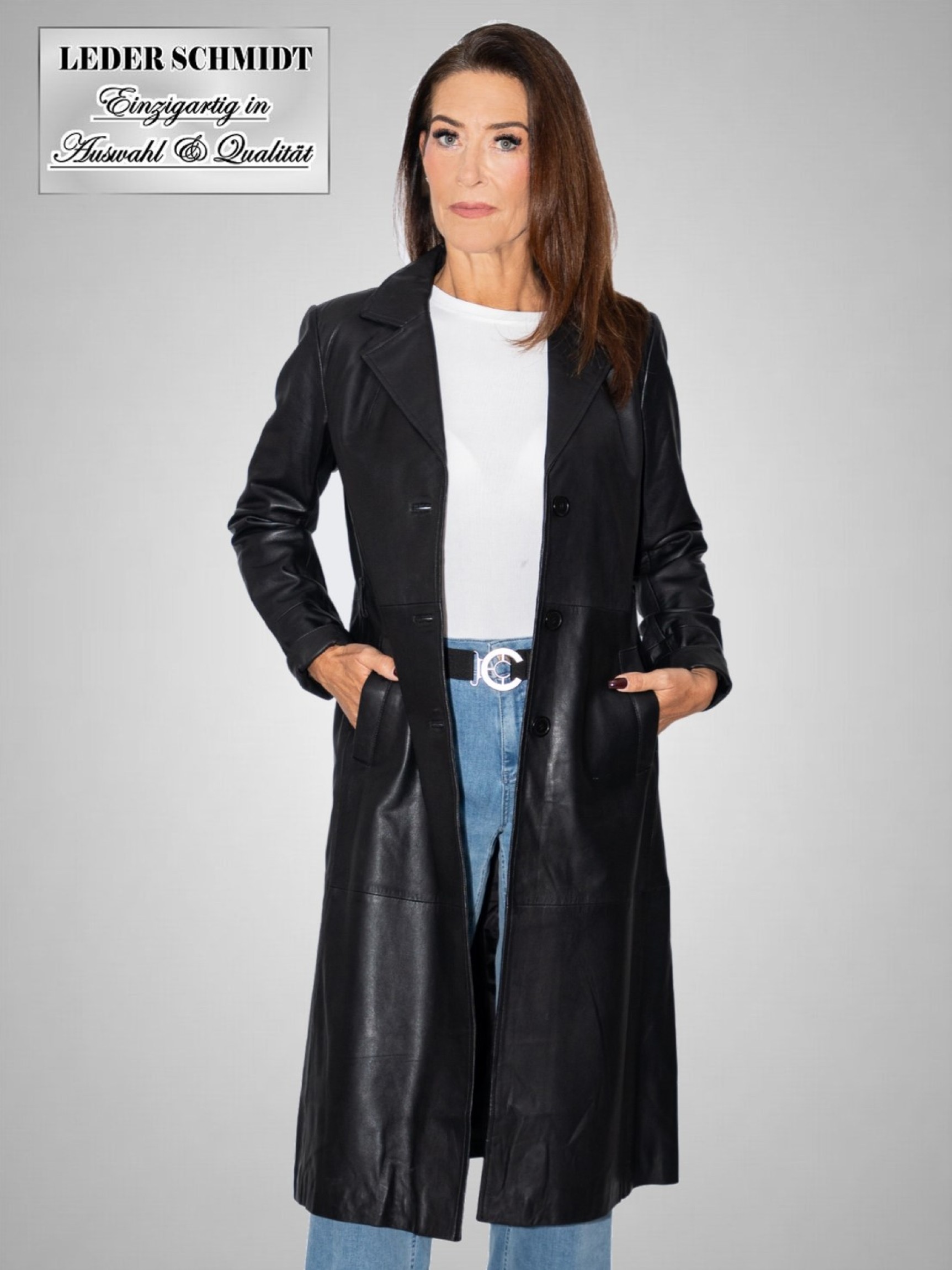 schwarzer langer Damen Ledermantel mit Gürtel