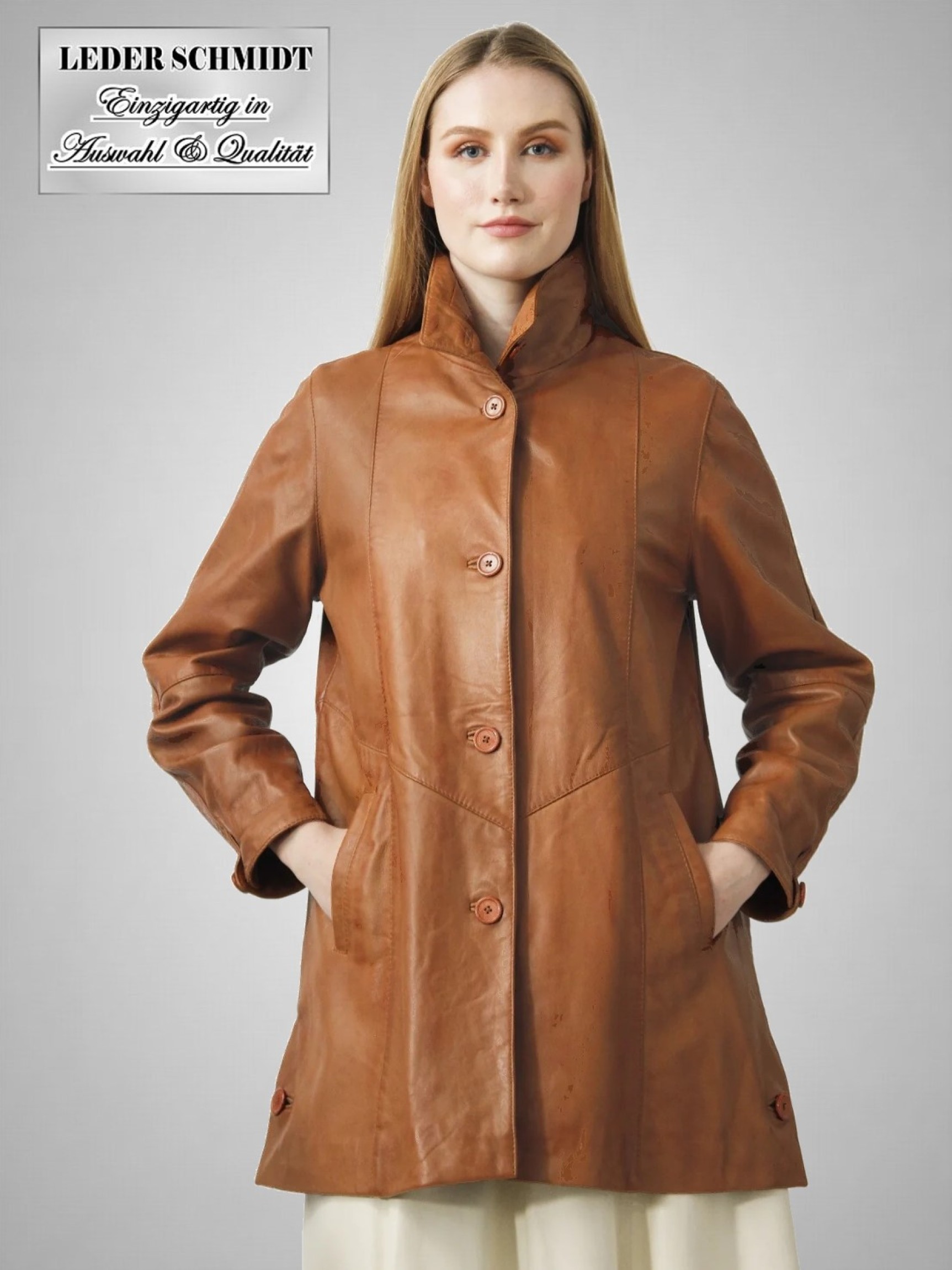 lange Damen Lederjacke cognac weit echt