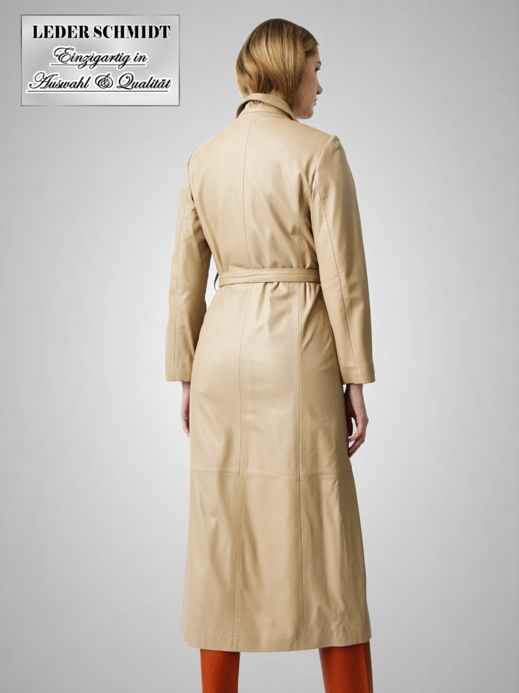 langer echter Damen Ledermantel mit Gürtel