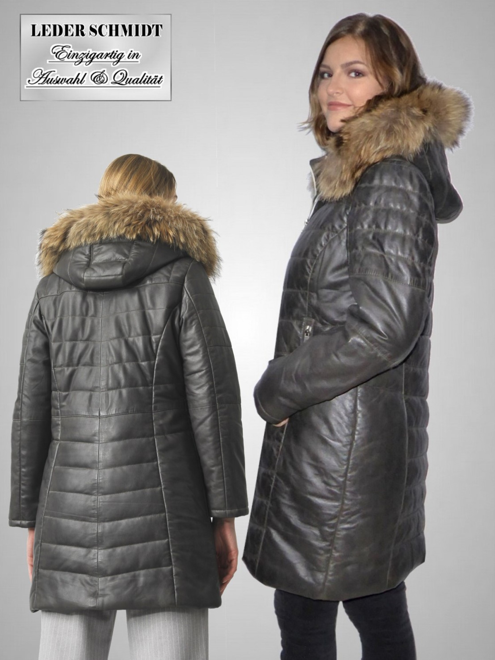gesteppter Damen Lederjacke lang schwarz grau mit Kapuze