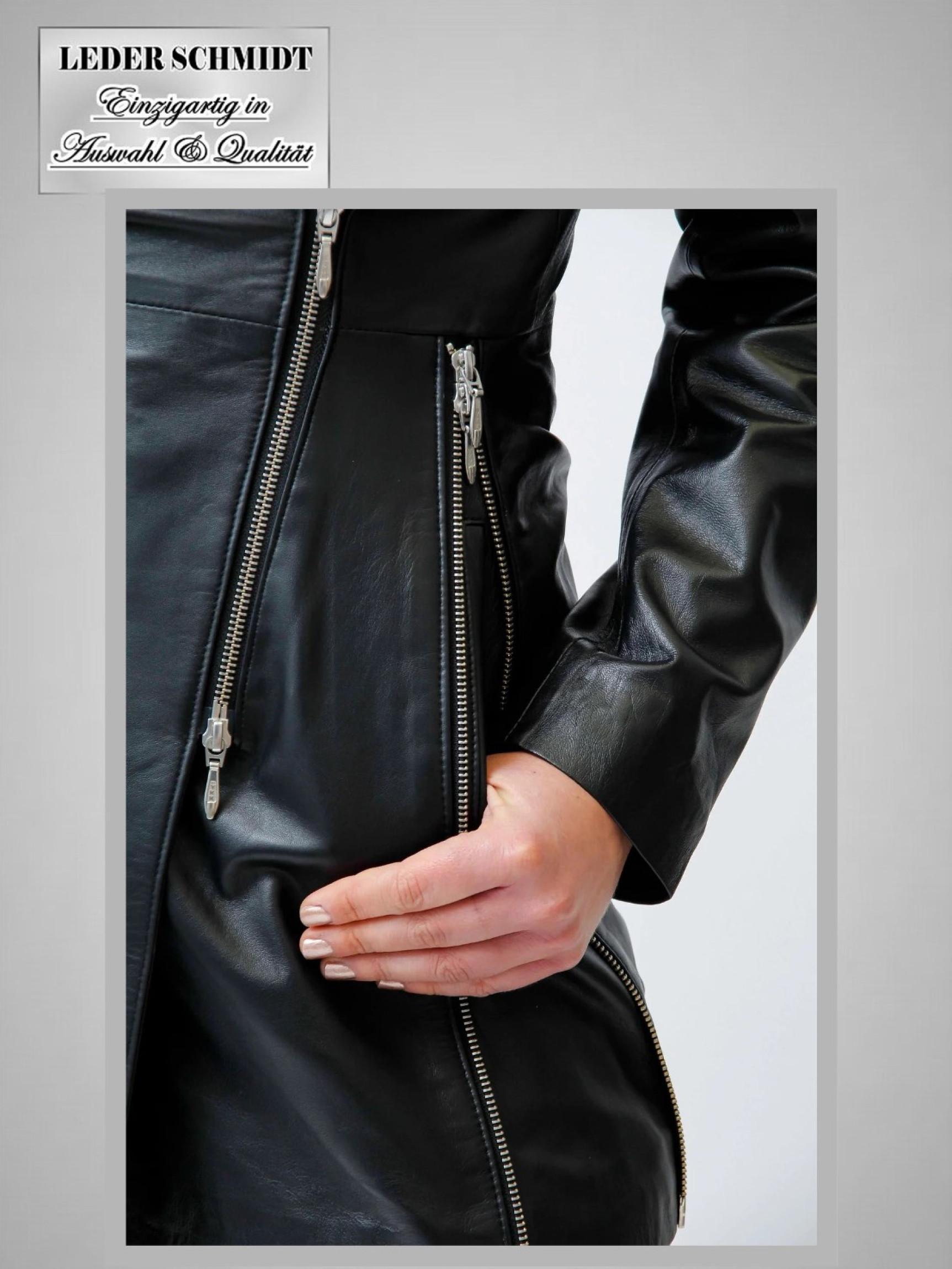echte lange Damen Lederjacke schwarz Reissverschluss Reverse
