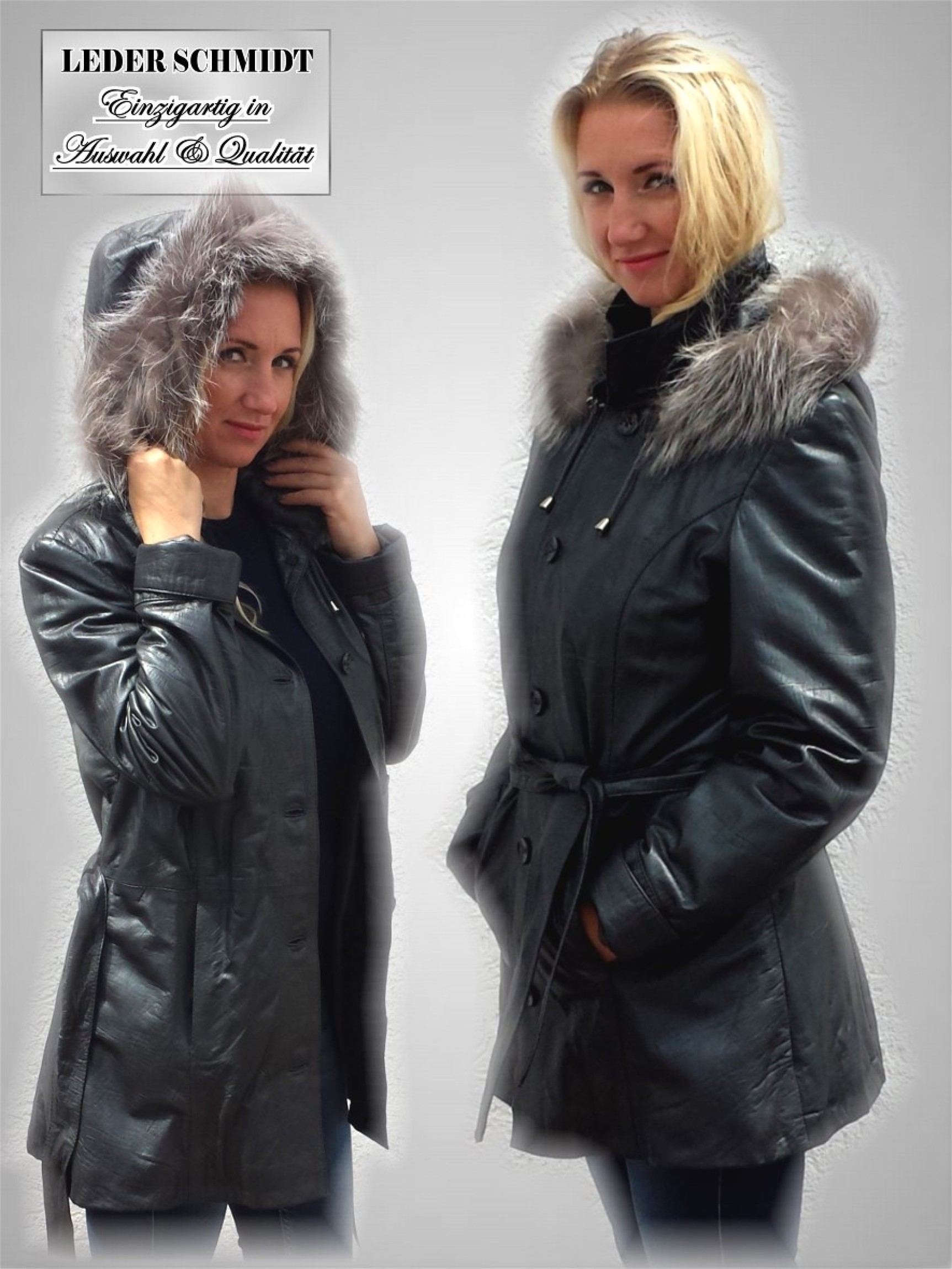 lange Damen Lederjacke mit Kapuze und Silberfuchsrand