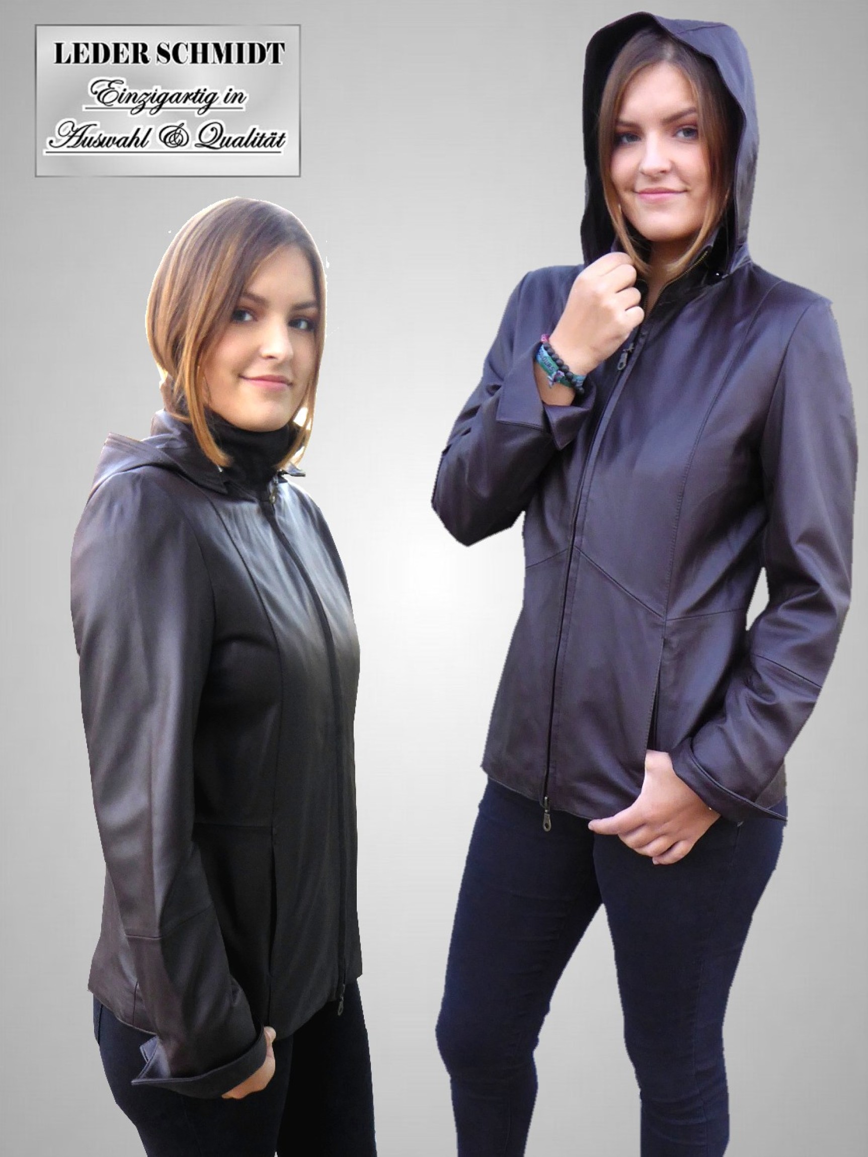 kurze Damen echte Lederjacke dunke braun Kapuze