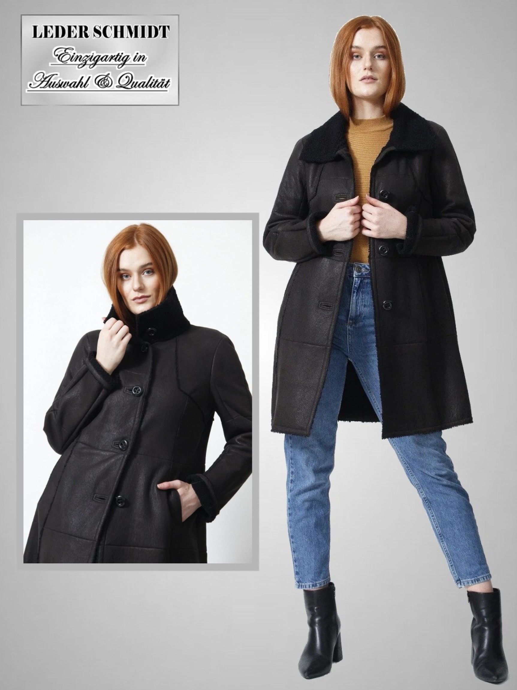 schwarze Lammfelljacke lang Dame leicht Knöpfe