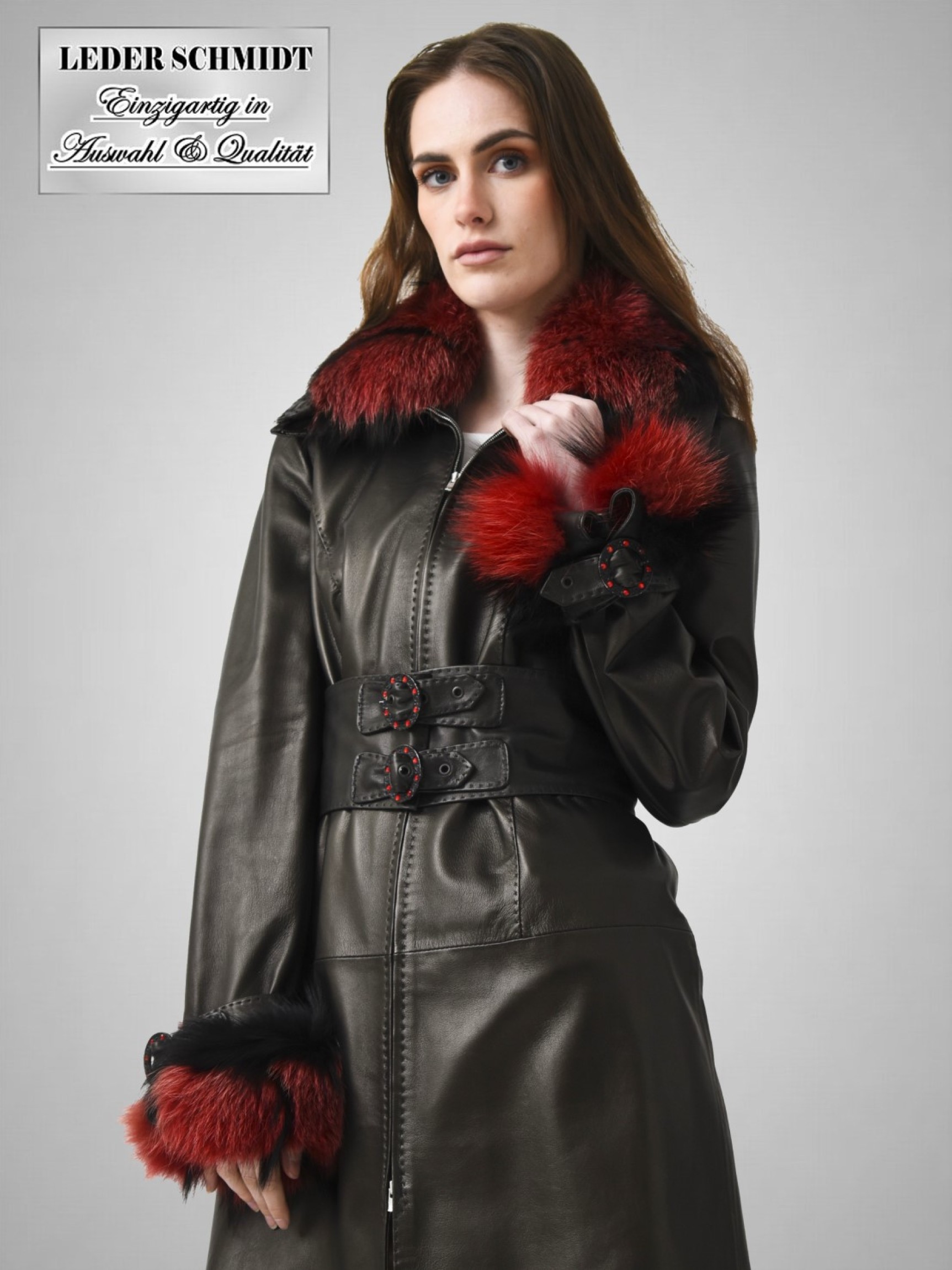 echte-exklusive-schwarze-lange Damen Lederjacke Lammnappa mit Blaufuchs