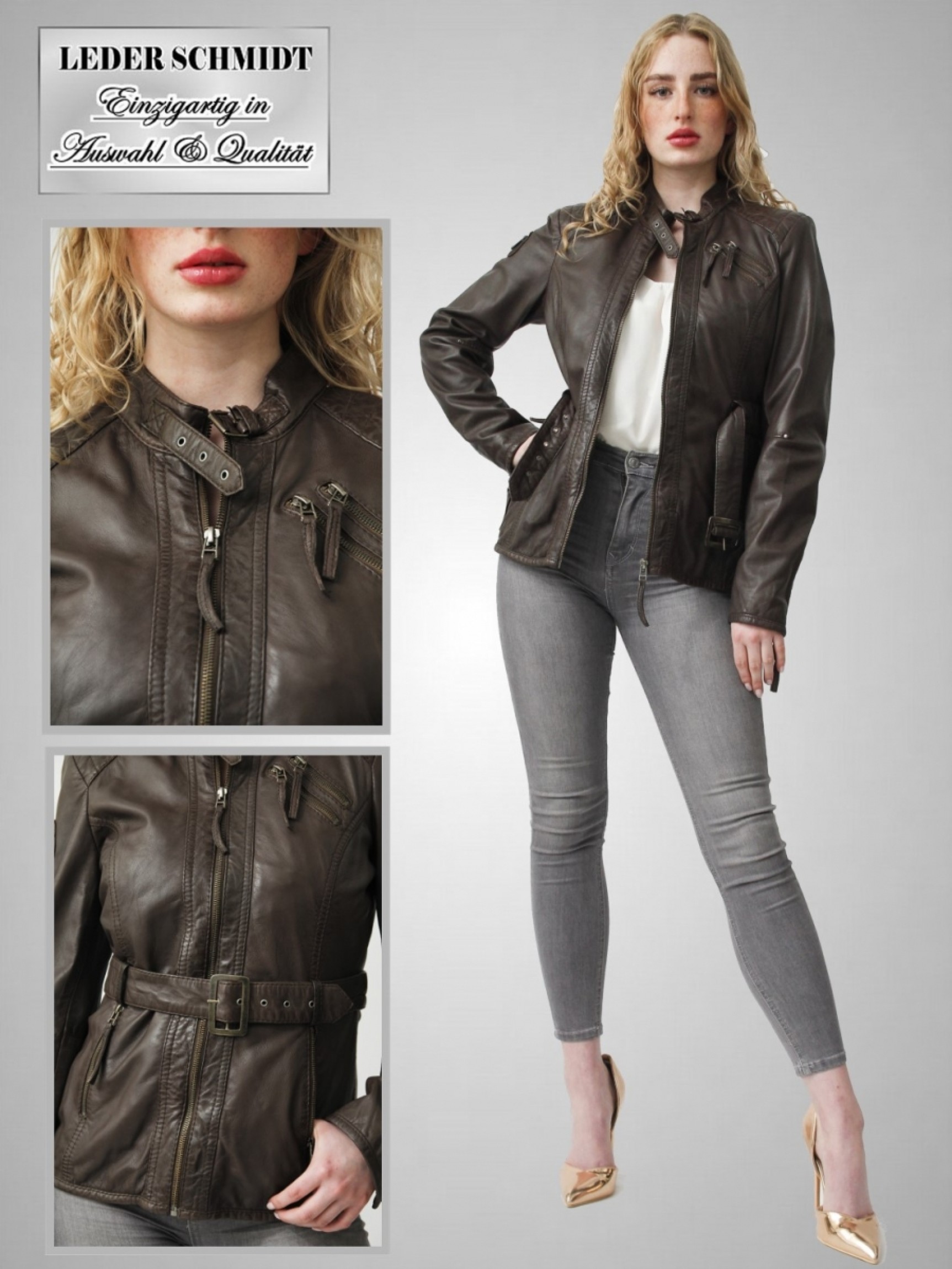 Damen-Lederjacke mit Taillengürtel